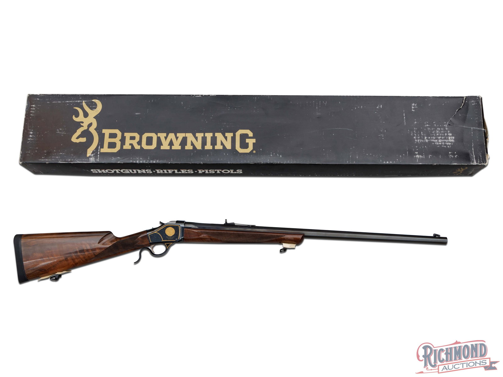 Boxed Browning Limited Edition NRA 1885 High Wall Single Shot Rifle in .45/70 GOVT: Manufactured by Miroku for Browning as a Limited Edition for Friends of NRA, Gun of the Year 2002. Serial numbered 312 of only 875 produced. Features a 28" blued octagon barrel with rear semi-buckhorn