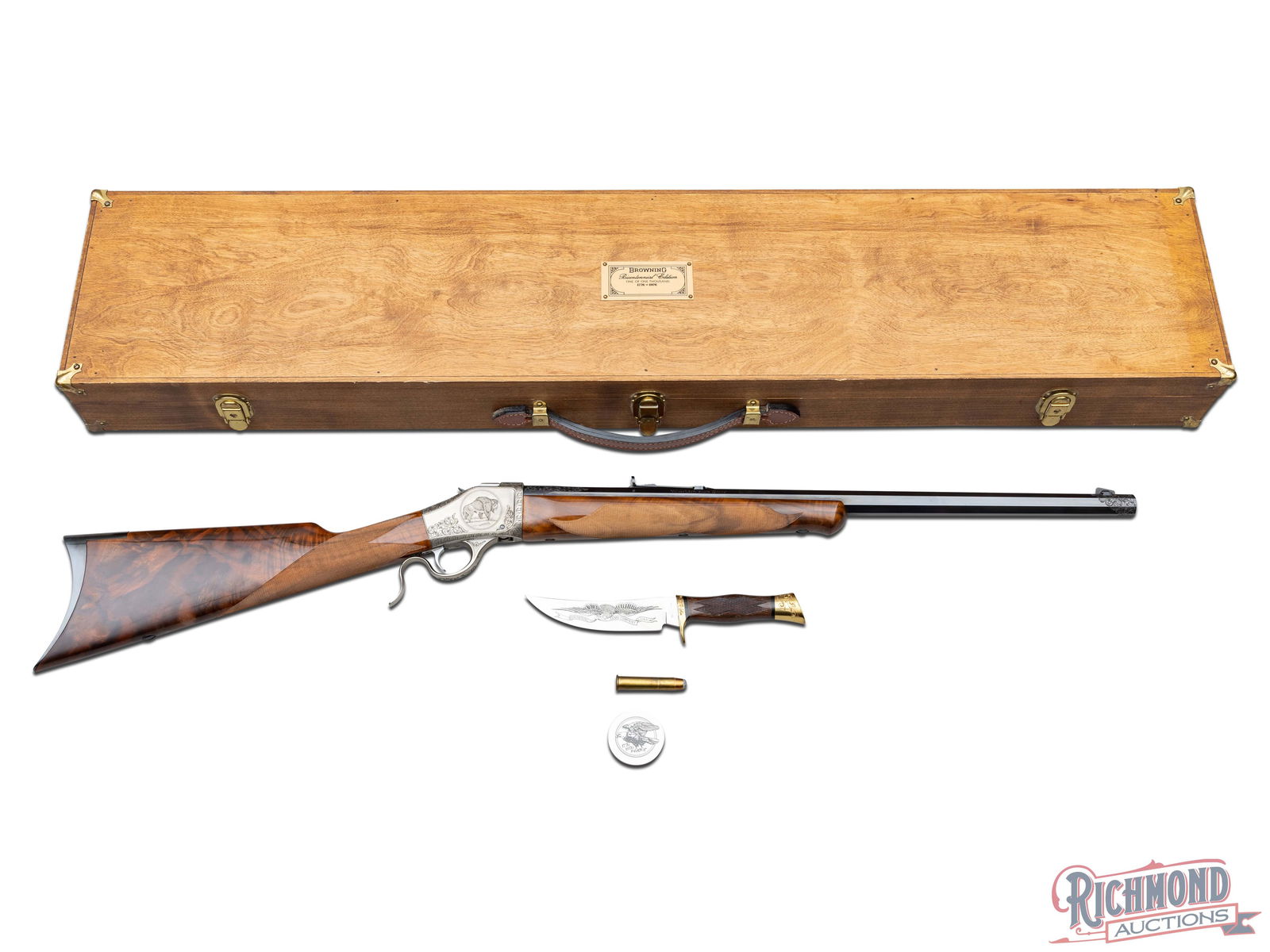 Browning B78 High Wall Engraved .45-70 Rifle & Bowie Knife USA Bicentennial 1 of 1000 Cased Set: Manufactured by Browning and finished in Belgium. This beautiful set is an American Bicentennial Commerative including a B78 Hi Wall rifle, bowie knife and medallion. All pieces have matching 1776-911