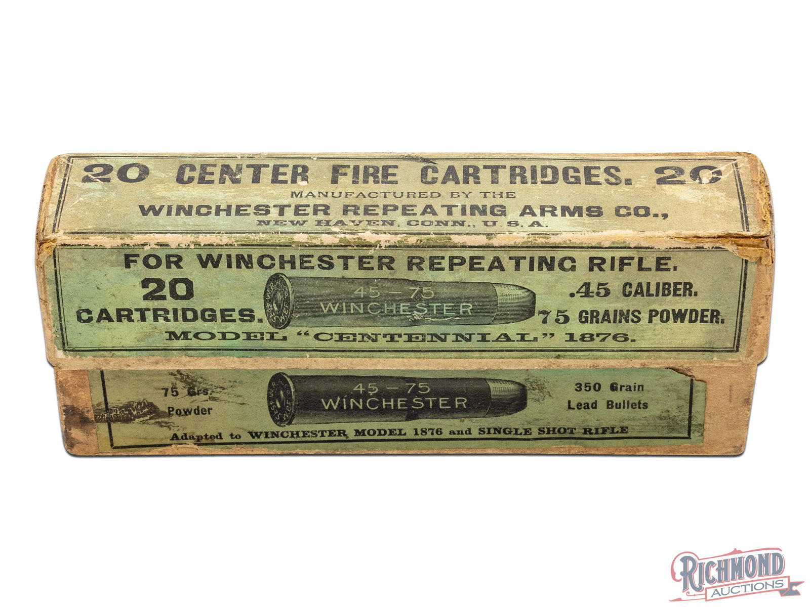 Full Box Of .45-75 Winchester Centerfire Cartridges For Model "Centennial" 1876: This two piece box contains 20 .45-75 Winchester cartridges for the "Centennial" Model 1876 Rifle. Green label is on the top, front, and sides listing the caliber and states "Adapted for Winchester Mo