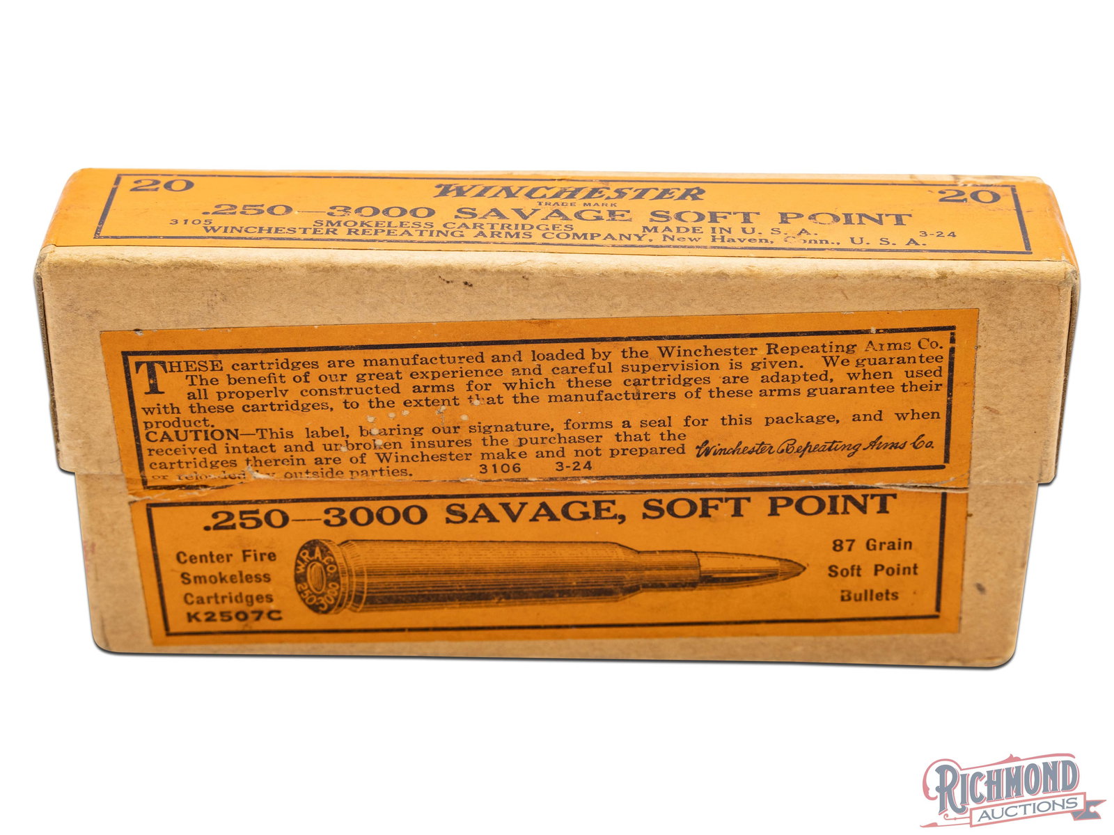 Full Box Of Winchester .250-3000 Savage Soft Point Centerfire Smokeless Cartridges: This is a full box of .250-3000 Savage cartridges made by Winchester Repeating Arms Co. The box has an orange label on the top, front, and sides and states ".250-3000 Savage, Soft Point, Centerfire Sm