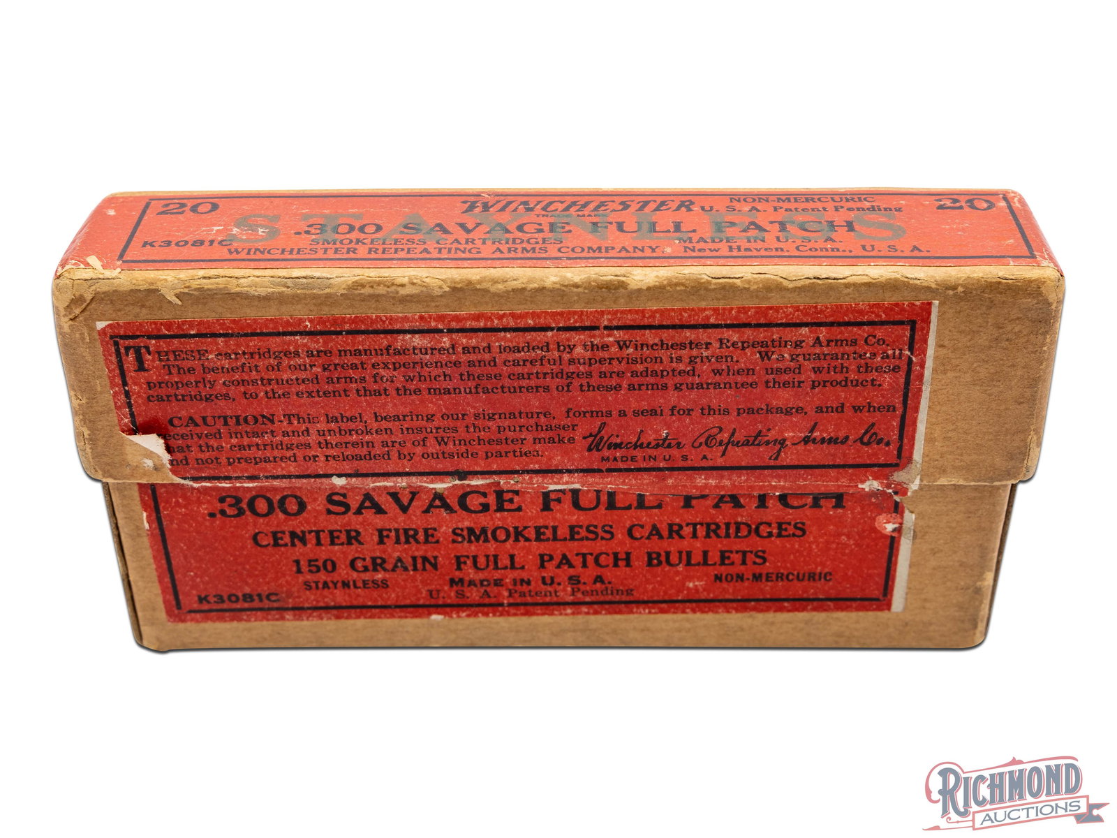 Full Box Of Winchester .300 Savage Full Patch Staynless Centerfire Cartridges: This is a full box of .300 Savage centerfire cartridges made by Winchester Repeating Arms Co. The two piece box has a red label on the top, front, and sides and red "W" stamp on each side. The label s