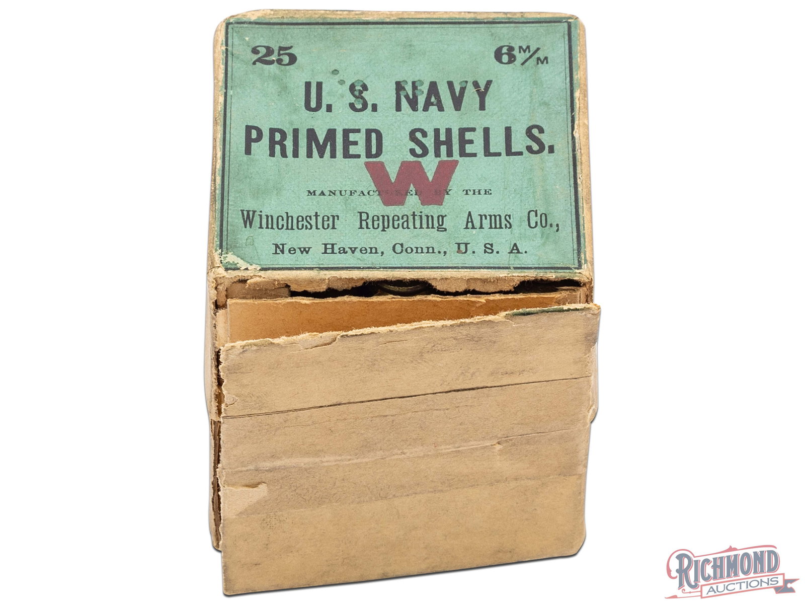 Full Box Of Winchester 6 m/m US Navy Primed Shells 25 Count Box: This is a full box of 6 m/m caliber US Navy primed Shells. The green top label shows a quantity of 25 shells and manufactured by Winchester Repeating Arms Co. The two piece box has a partially broken