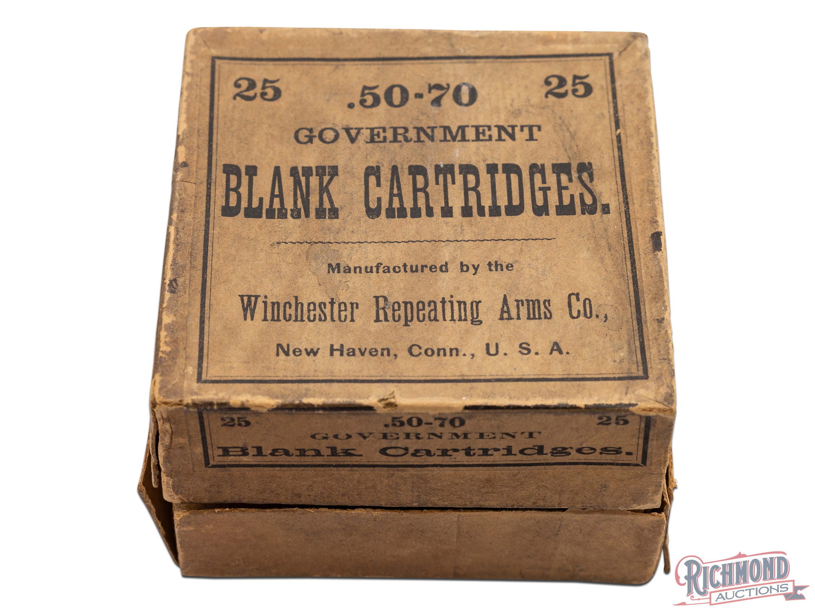 Full Winchester .50-70 Government Blank Cartridge Two Piece Box: Two Piece Box with label on top and front. Made by Winchester Repeating Arms Co., the box contains 25 blank cartridges of .50-70 Government. The box has a brown label with black lettering. GA/CAL: 50-