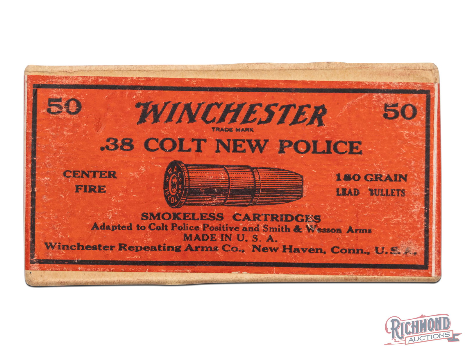 Sealed Box of Winchester .38 Colt New Police Centerfire Cartridges 50 Rounds: This is a factory sealed box of .38 Colt New Police centerfire cartridges made by Winchester Repeating Arms Co. The box contains 50 cartridges. The label states "180 Grain, Lead Bullet, Smokeless Cart