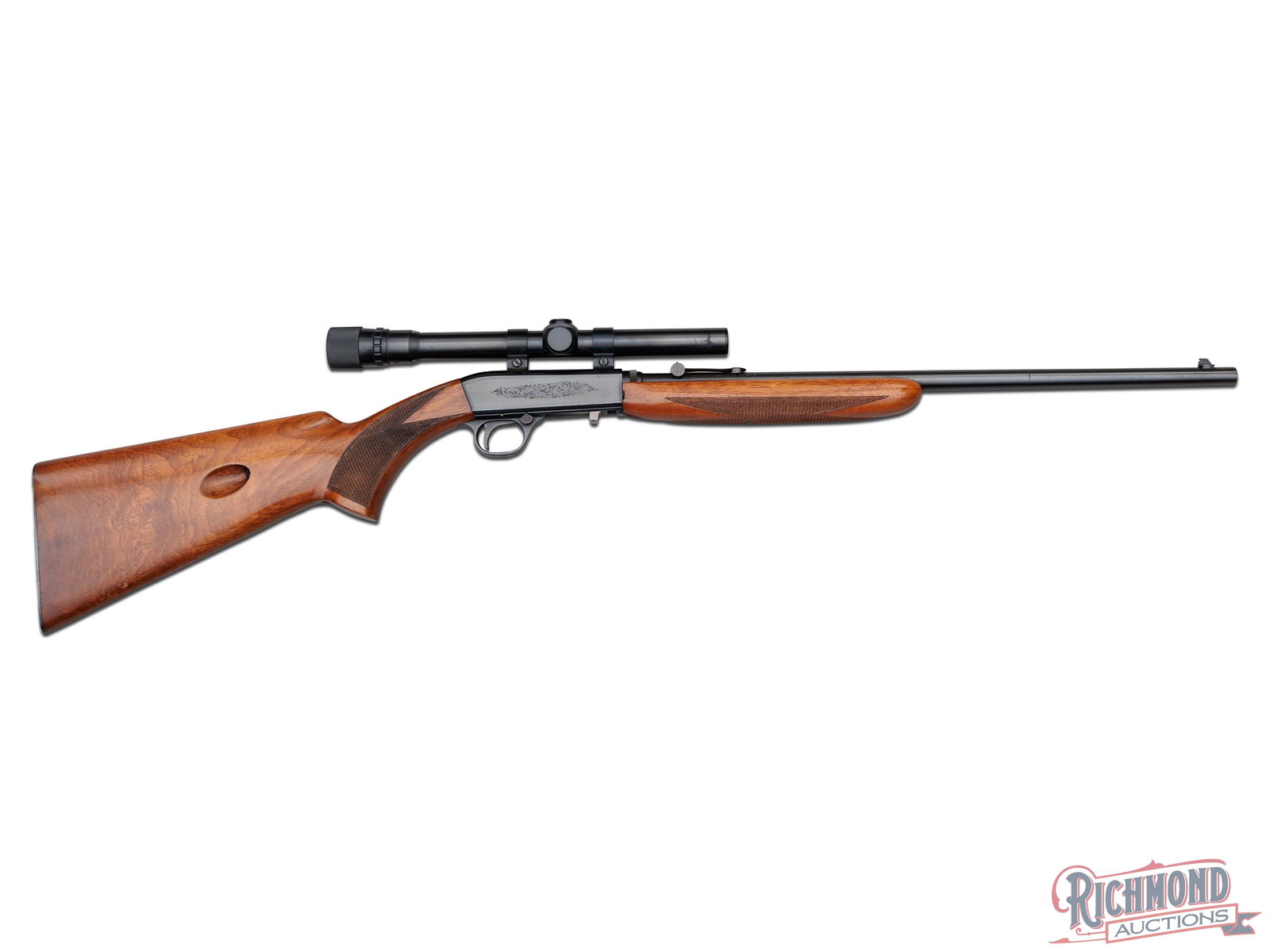 Early Belgium Browning SA-22 Takedown Semi-Auto Rifle in .22 LR with Wheel Sight: Manufactured in Belgium for Browning circa 1960. This early rifle features a 19" blued round barrel with rear wheel adjustable notch and blade front sight. Equipped with a Weaver V22-A scope. Semi-aut