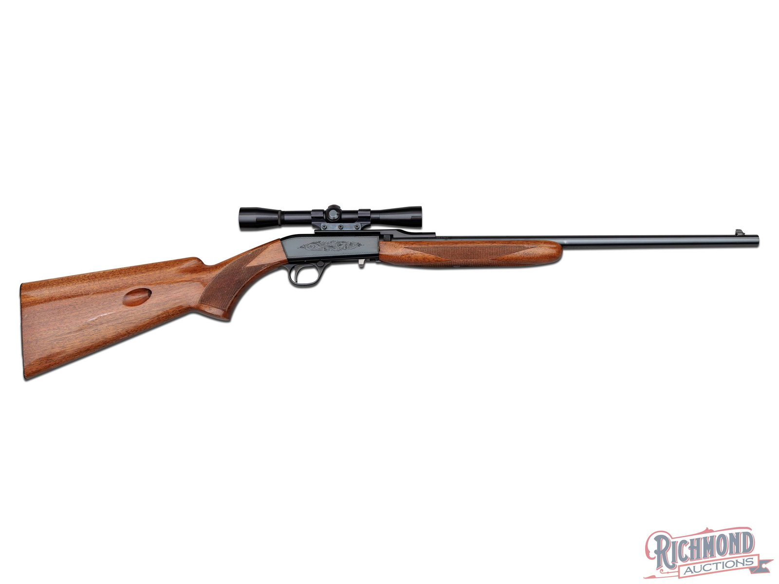 1967 Belgium Browning SA-22 Takedown Semi-Auto Rifle in .22 LR with Browning Scope: Manufactured in Belgium for Browning in 1967. This rifle features a 19" blued round barrel with blade front sight. Equipped with a Browning factory 4X rifle scope on a one-piece scope mount. Semi-auto