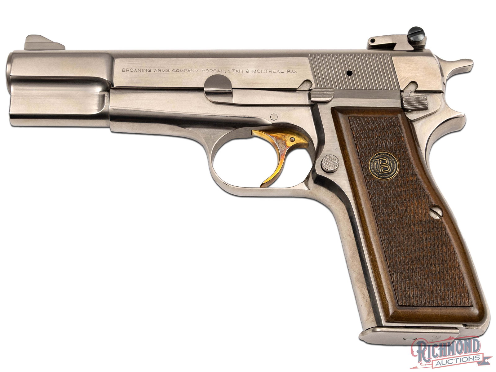 Rare Belgian Browning Hi Power Semi-Auto Pistol in .41 AE Caliber With Electroless Nickel Finish: Manufactured in Belgium in 1981 for Browning. This beautiful Hi Power features a 4.65" barrel with adjustable square notch rear sight and serrated blade front sight. Single line Browning address on th