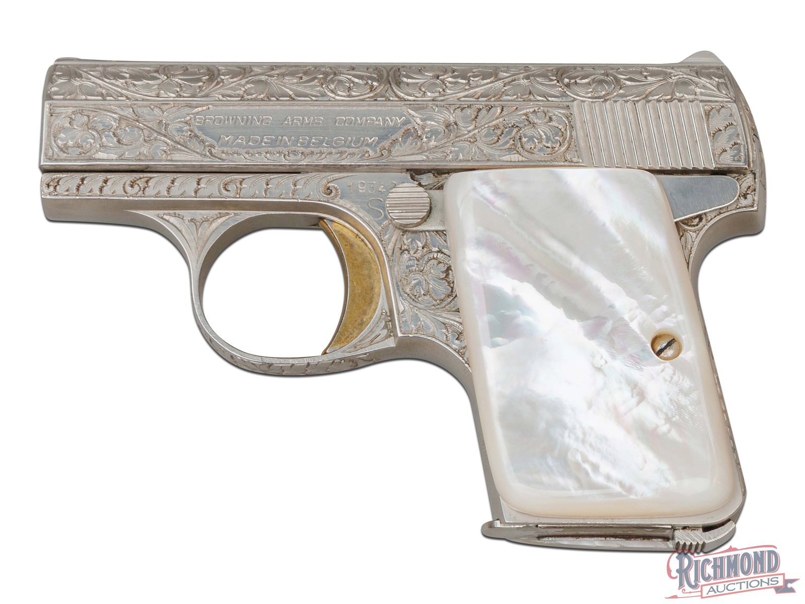 Rare Early Coin Finish & Engraved Belgian Baby Browning .25 ACP Vest Pocket Semi-Auto Pistol: Manufactured in Belgium for Browning in 1959. This vest pocket or Baby Browning pistol features a 2.1" barrel with stamped with Belgian proof marks and "6m/m" for the .25 ACP cartridge. Fixed rear not