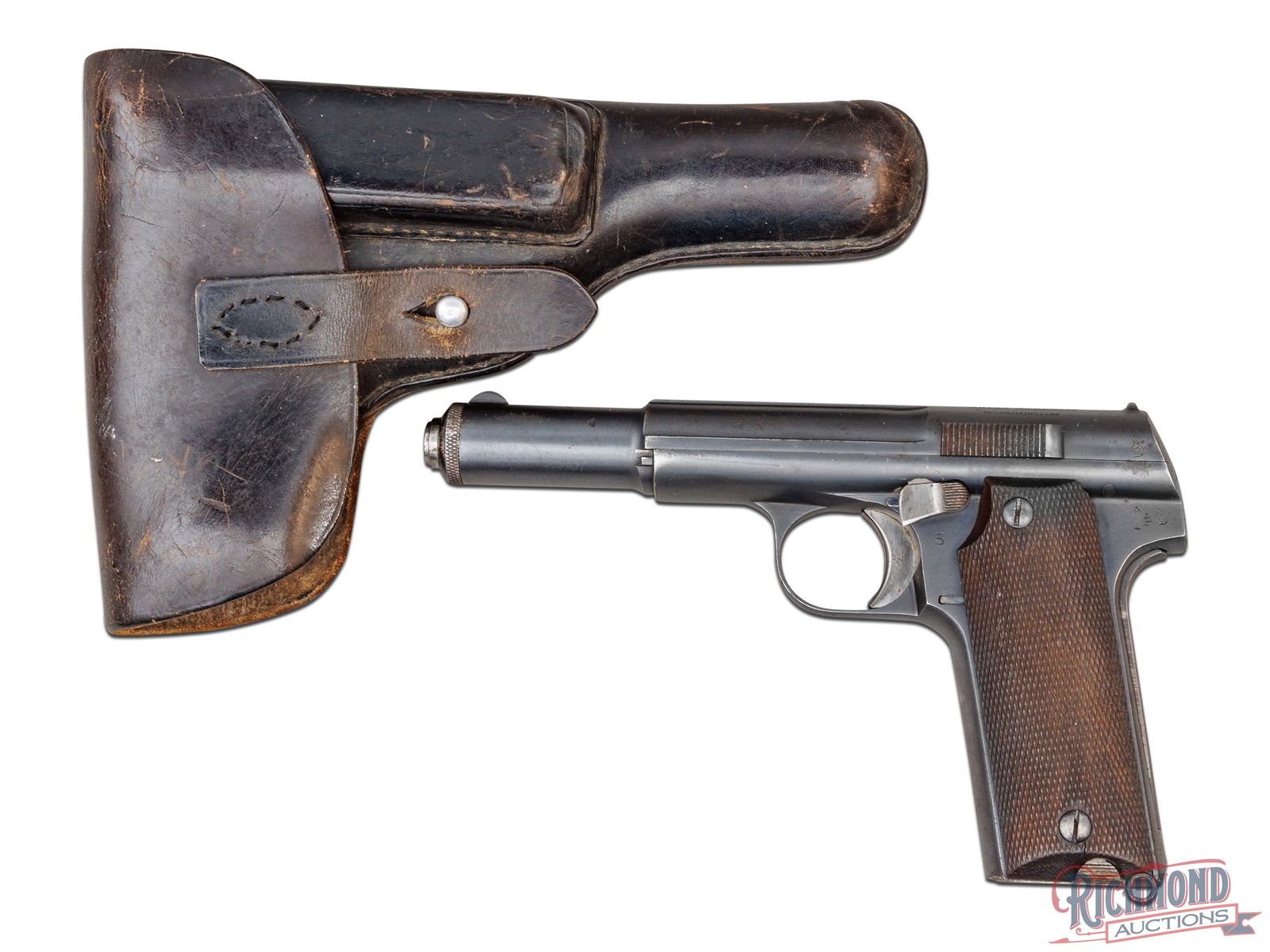 WWII Era Astra Unceta Model 600/43 9mm Semi-Auto Pistol With German Holster: Manufactured in Spain by Astra Unceta during the WWII era for German armed forces. This pistol features a 4" barrel with fixed rear notch and half moon front blade sight. Rounded slide with rear serra