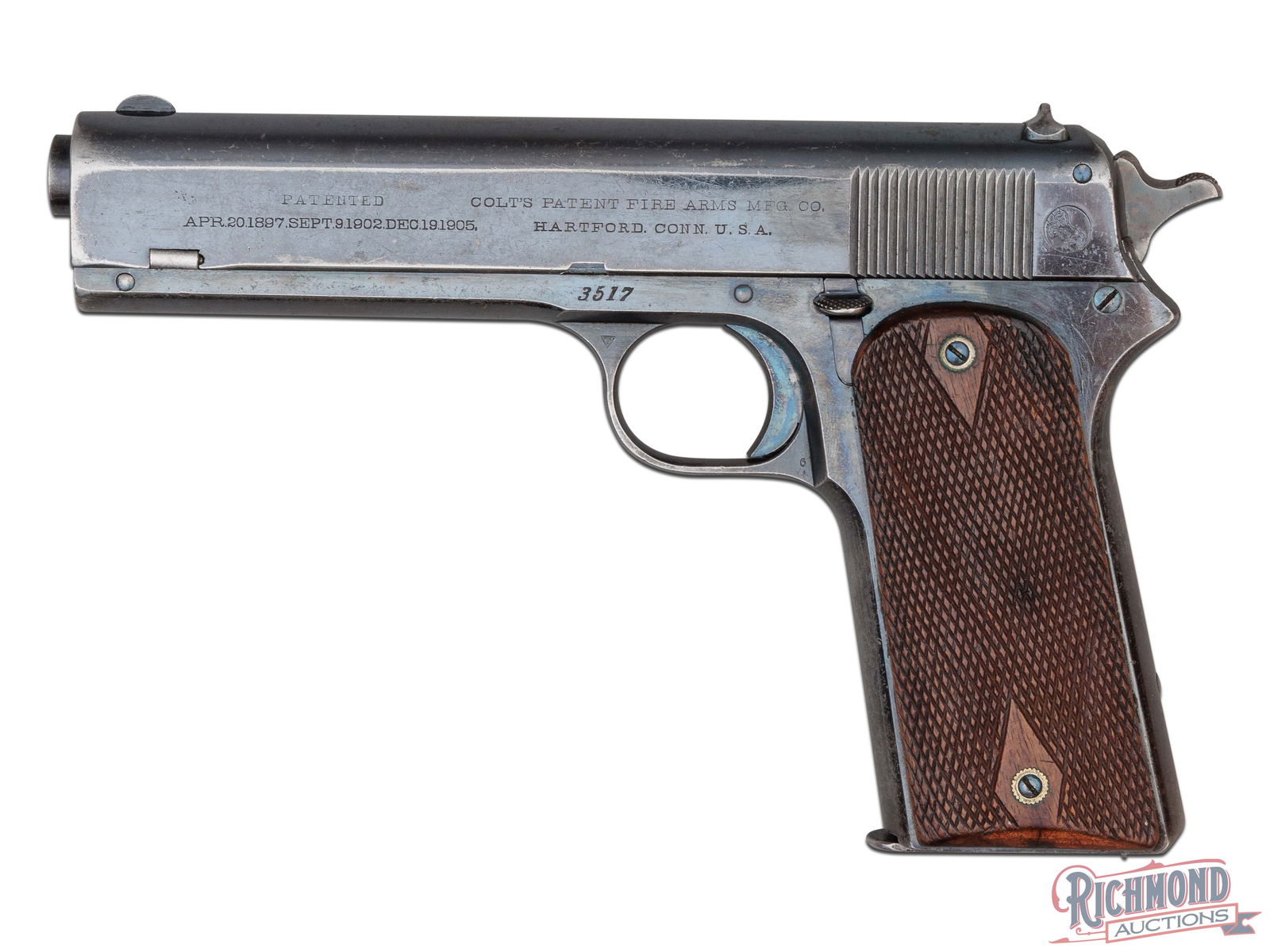 1909 Colt .45 Automatic Pistol Model of 1905: Manufactured by Colt PTFA Mfg Co in 1909. At it's production in 1905, Colt claimed it to be "the most powerful small arm ever produced" and set the path for the iconic 1911. Features a 5" barrel with