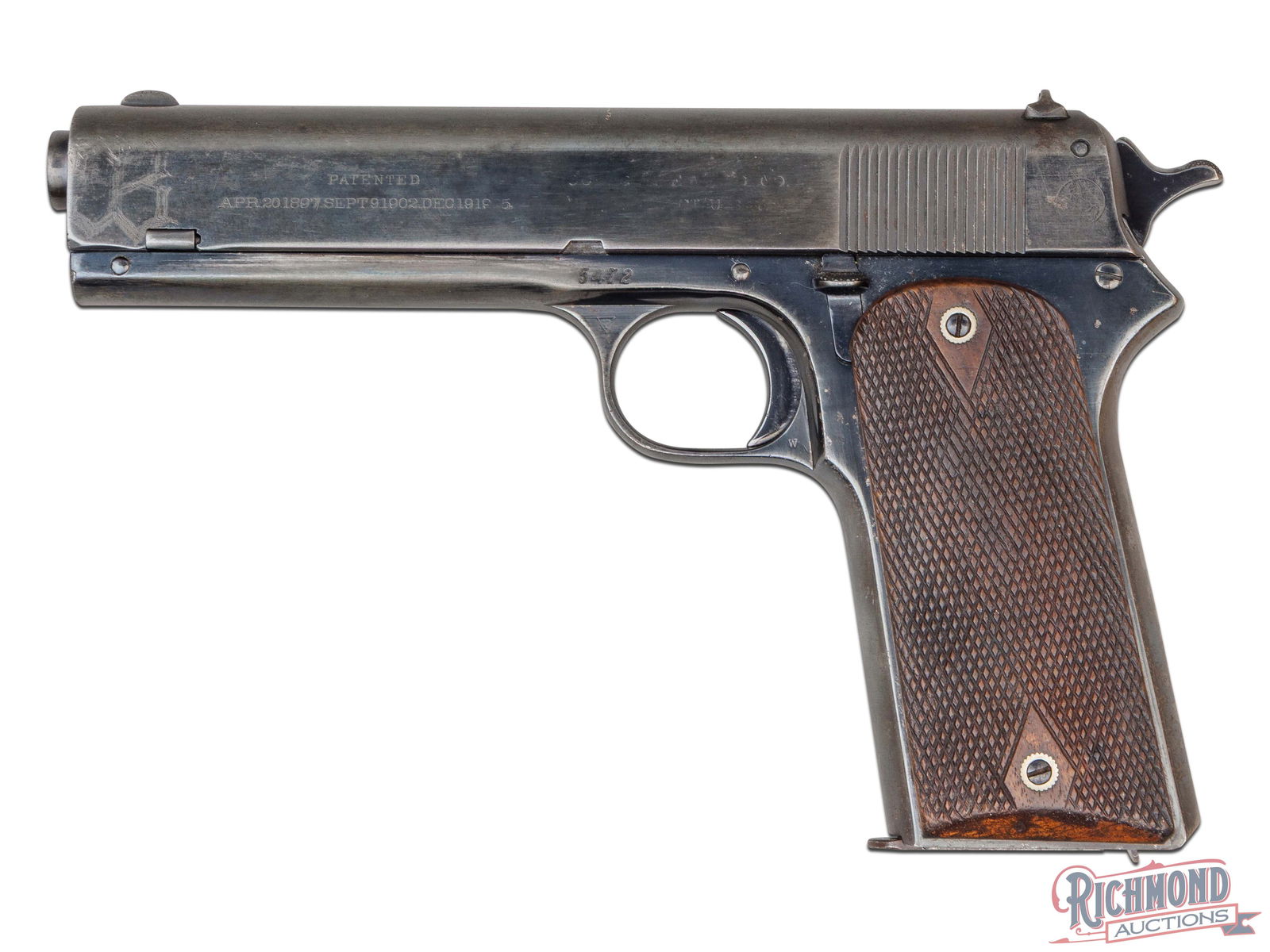 1911 Colt Model 1905 .45 ACP Semi-Auto Pistol: Manufactured in 1911 by Colt PTFA Mfg Co. The model 1905 was the direct predecessor to the Model 1911 Government Model, and ushered in the era of the 45 caliber. This pistol features a 5" barrel with