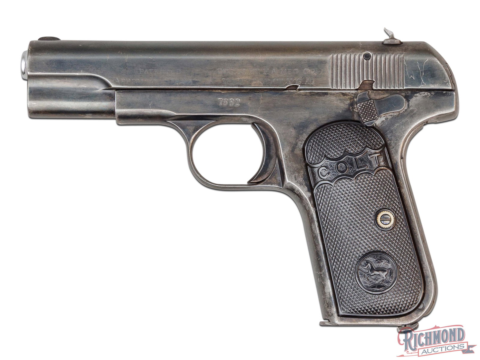 1911 Colt M1908 Hammerless .380 ACP Semi-Auto Pistol Type 1 Edition 4": Manufactured by Colt PTFA Mfg Co in 1911. This type 1 features a 4" barrel with dovetailed rear notch and half moon front blade sight. Rear serrated slide. Left side features the two-line, separated C