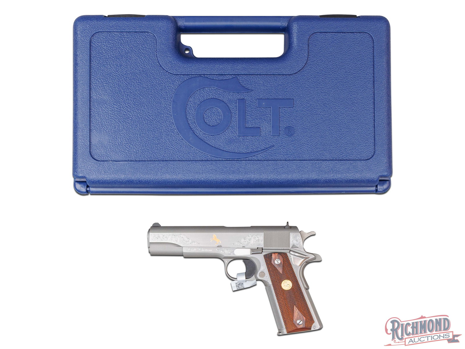 Colt Custom Shop 1911 Government Model .38 Super Engraved & Gold Inlaid Pistol in Original Case: Manufactured by Colt in customized in the Colt Custom Shop. This Government model series 80 pistol features a 5" barrel with dovetailed rear notch and blade front sight. Polished stainless steel slide