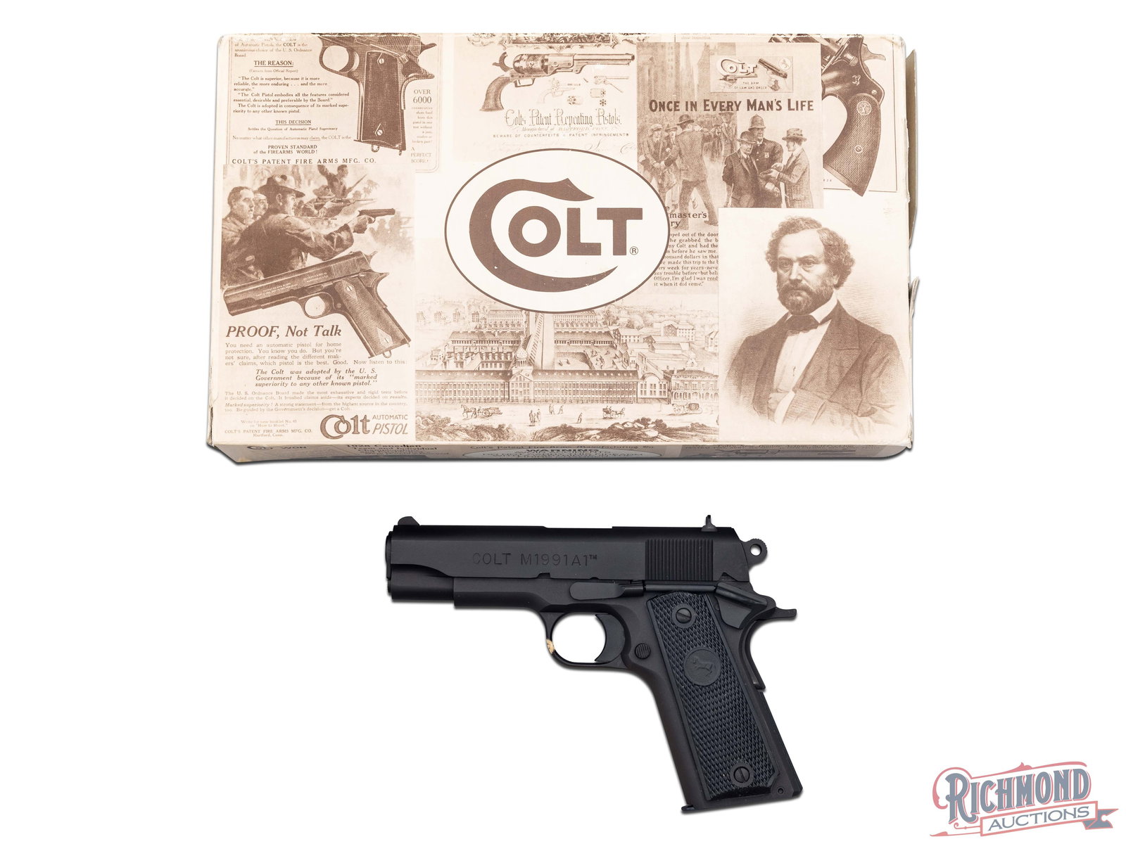 Colt M1991A1 Commander IV Series 80 Semi-Auto .45 ACP Pistol in Original Case: Manufactured by Colt in 1994. This Commander size pistol features a 4-1/4" barrel with low profile notch and blade front sights. Stealthy parkerized matte black steel finish throughout. Semi-automatic