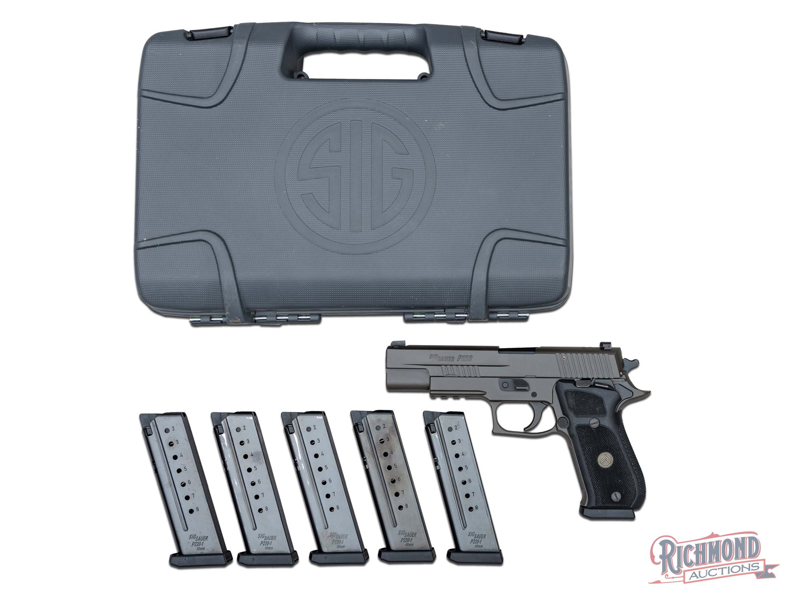 Sig Sauer P220 Legion Series 10mm Semi-Auto Pistol in Original Case: Manufactured by Sig Sauer in the USA. An upgraded modern model that started it all for Sig. This full size pistol features a 5" barrel with X-Ray3 three-dot day/night sights. Rear and front slide serr
