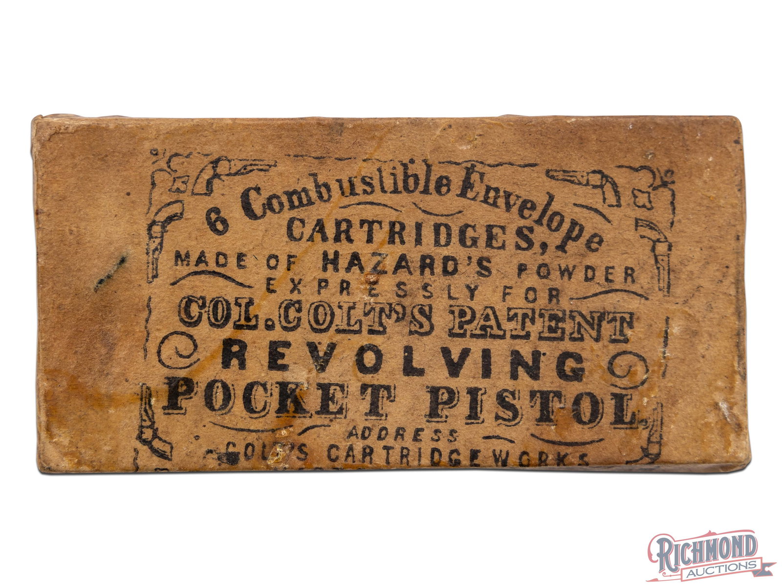 Sealed Colt Revolving Pocket Pistol Combustible Envelope 6 Cartridge Box: This unique small cartridge box was made by Colt's Cartridge Works and contains 6 combustible envelope cartridges. The package is still sealed and reads "Made of Hazard's Powder Expressly for Col. Col