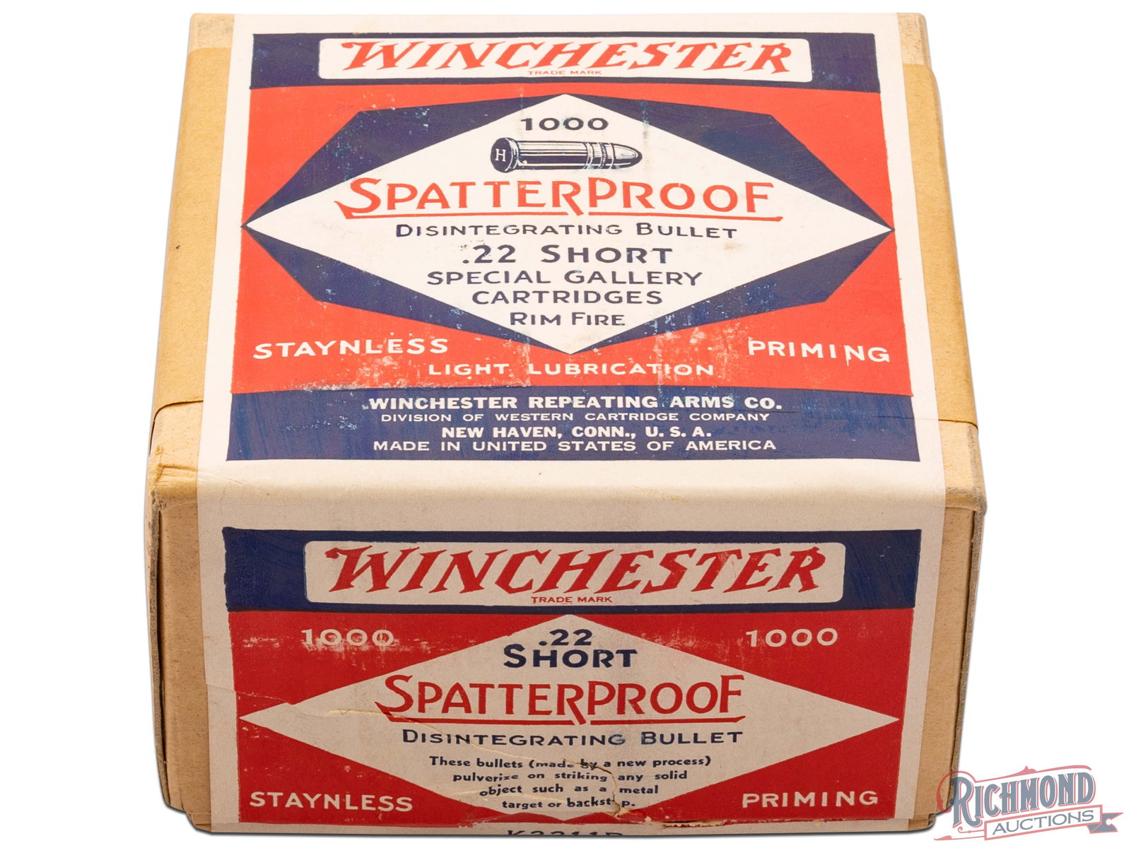Sealed Box Of Winchester .22 Short Spatterproof Special Gallery Cartridges 1000 Count: This is a sealed 1000 round box of .22 Short "Spatterproof" Gallery cartridges made by Winchester Repeating Arms Co. The two piece box is sealed on 4 sides and is covered by a red, white, and blue lab