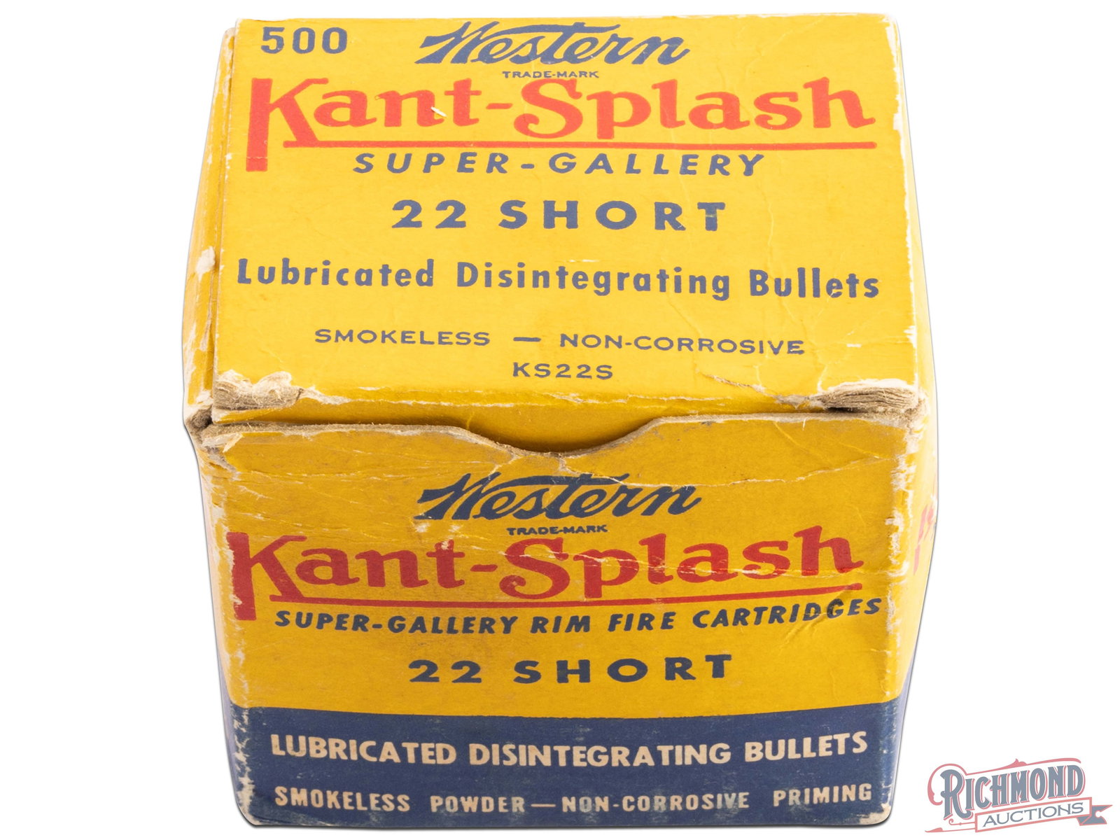 Partial Box Of Western .22 Short Kant-Splash Super Gallery Rimfire Cartridges: This box has approximately 390 of the 500 cartridges of .22 Short rimfire Gallery cartridges made by Winchester-Western. The bright yellow and blue box states " Western Kant-Splash Super-Gallery Rim F