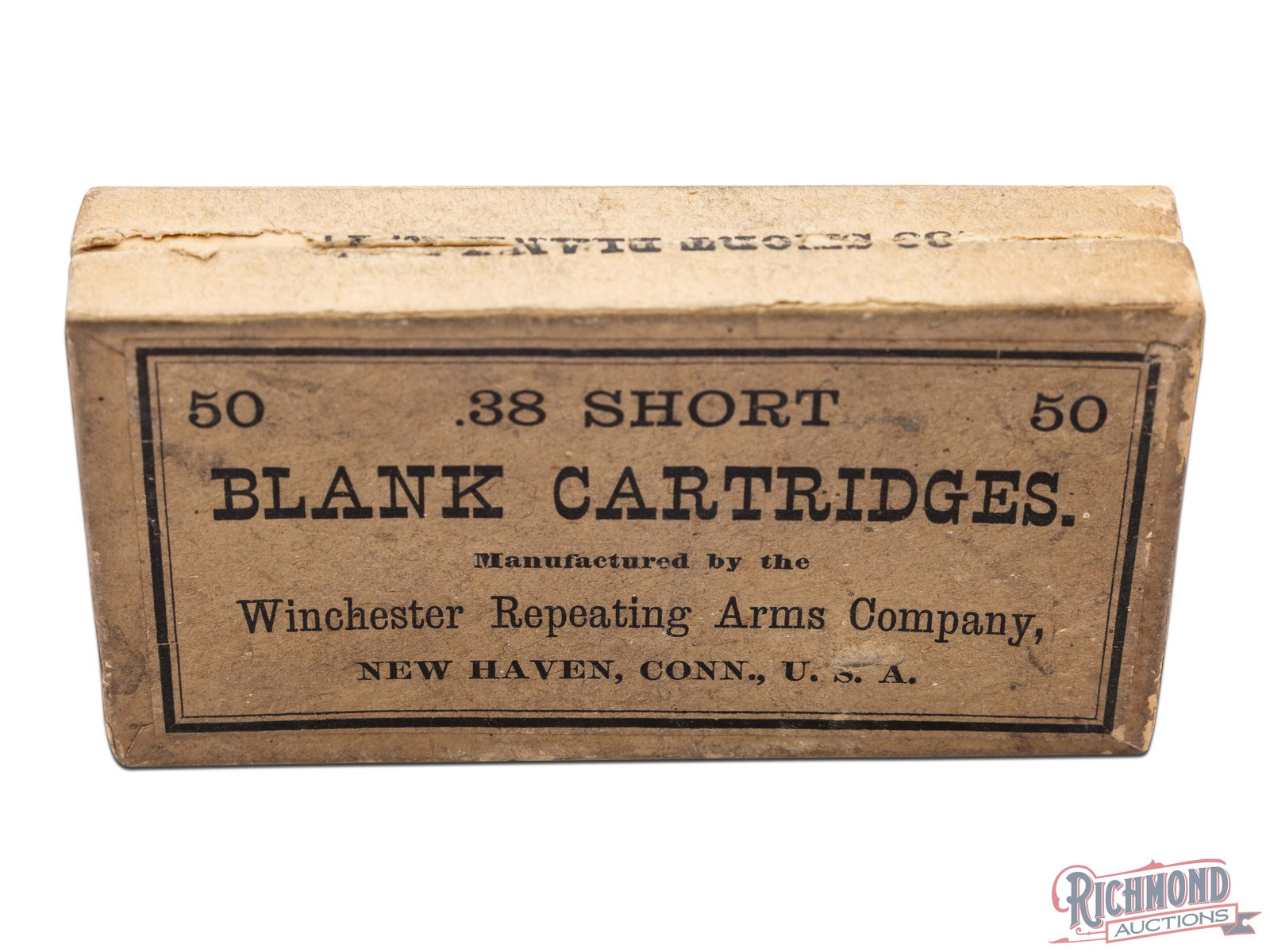 Partial Box Of Winchester .38 Short Blank Cartridges Two Piece Box: These cartridges were manufactured by Winchester Repeating Arms Co. and the two piece box contains 46 of the 50 cartridges for this box. Top label is in black print and states the quantity of 50 and "