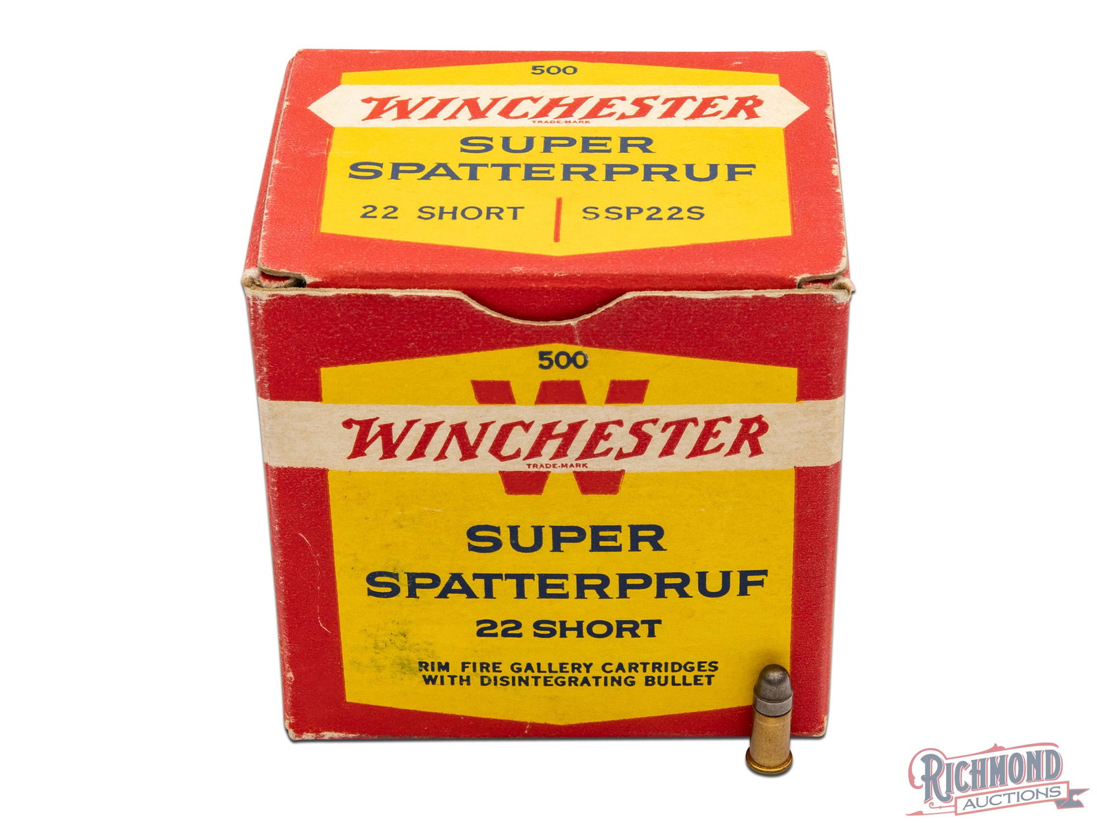 Winchester "Super Spatterpruf" .22 Short Collector's Box: This is an empty box of Winchester "Super Spatterpruf" that contained 500 rounds of .22 Short. The red and yellow label states "Rim Fire Gallery Cartridges With Disintegrating Bullet". One Cartridge i