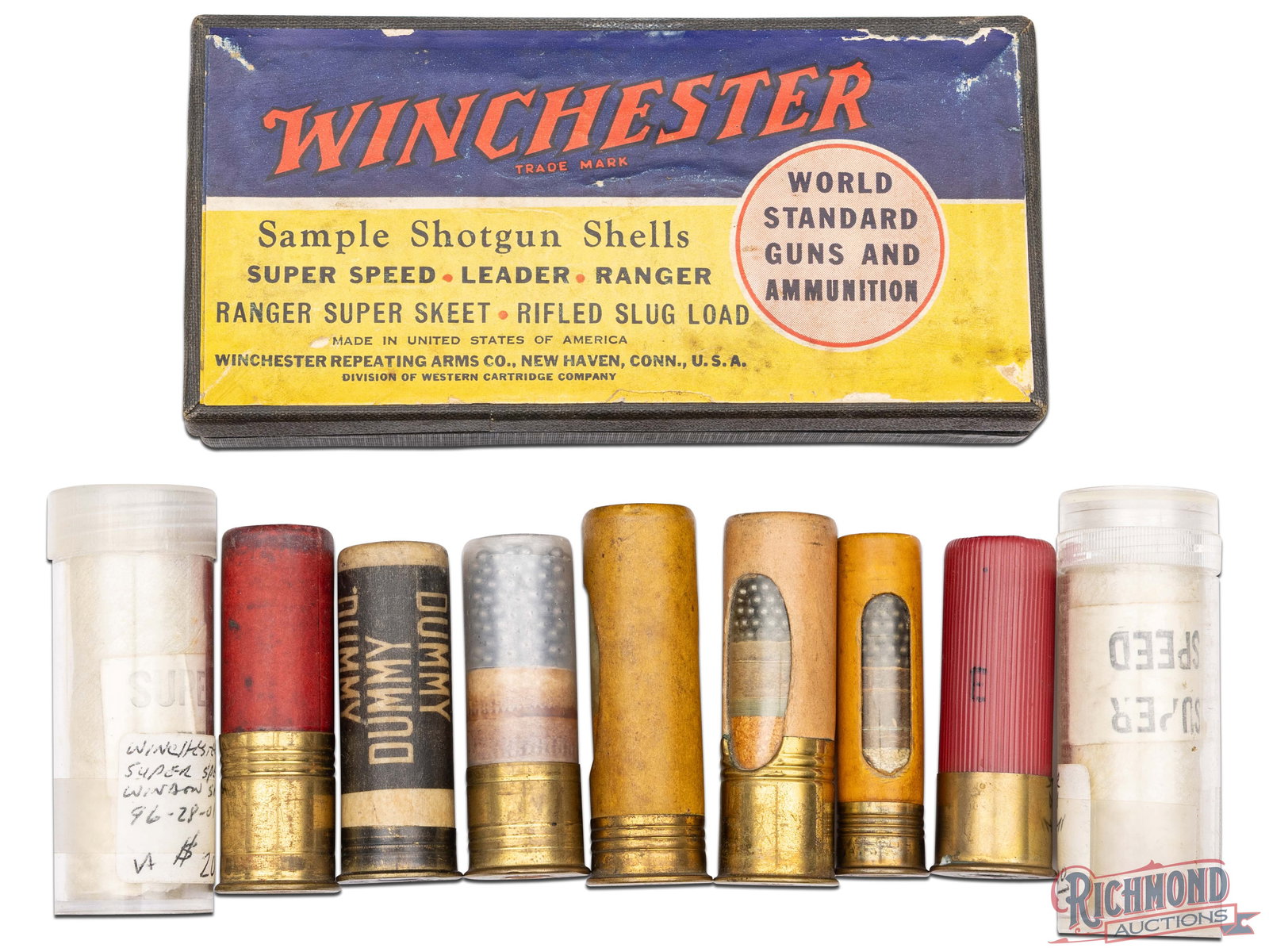 Lot of Winchester Shotshell Salesman Samples: Made by Winchester Repeating Arms circa 1940. Kit features 7 loaded window shells with Leader "Super Speed" , "Super Speed", "Ranger" and "Leader" shell brands in two piece cardboard container with ye