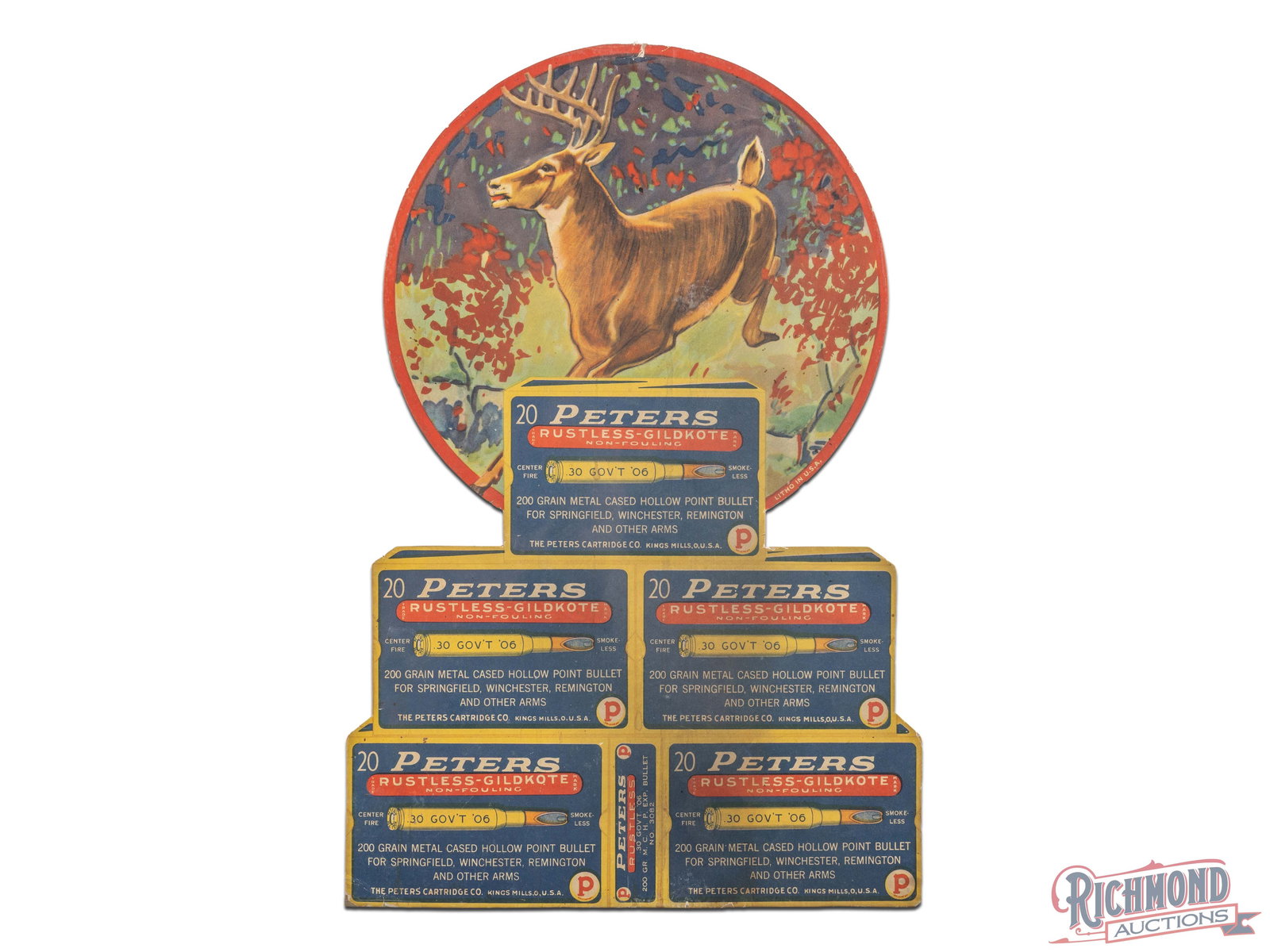 Peters Cartridge Co. Hollow Point Bullet Shell Cardboard Advertising Display Sign: Single sided die cut cardboard sign has good color. The field has toning with areas of discoloration. The perimeter has light edge wear with minor loss and a small tear on the upper edge at 12 o'clock