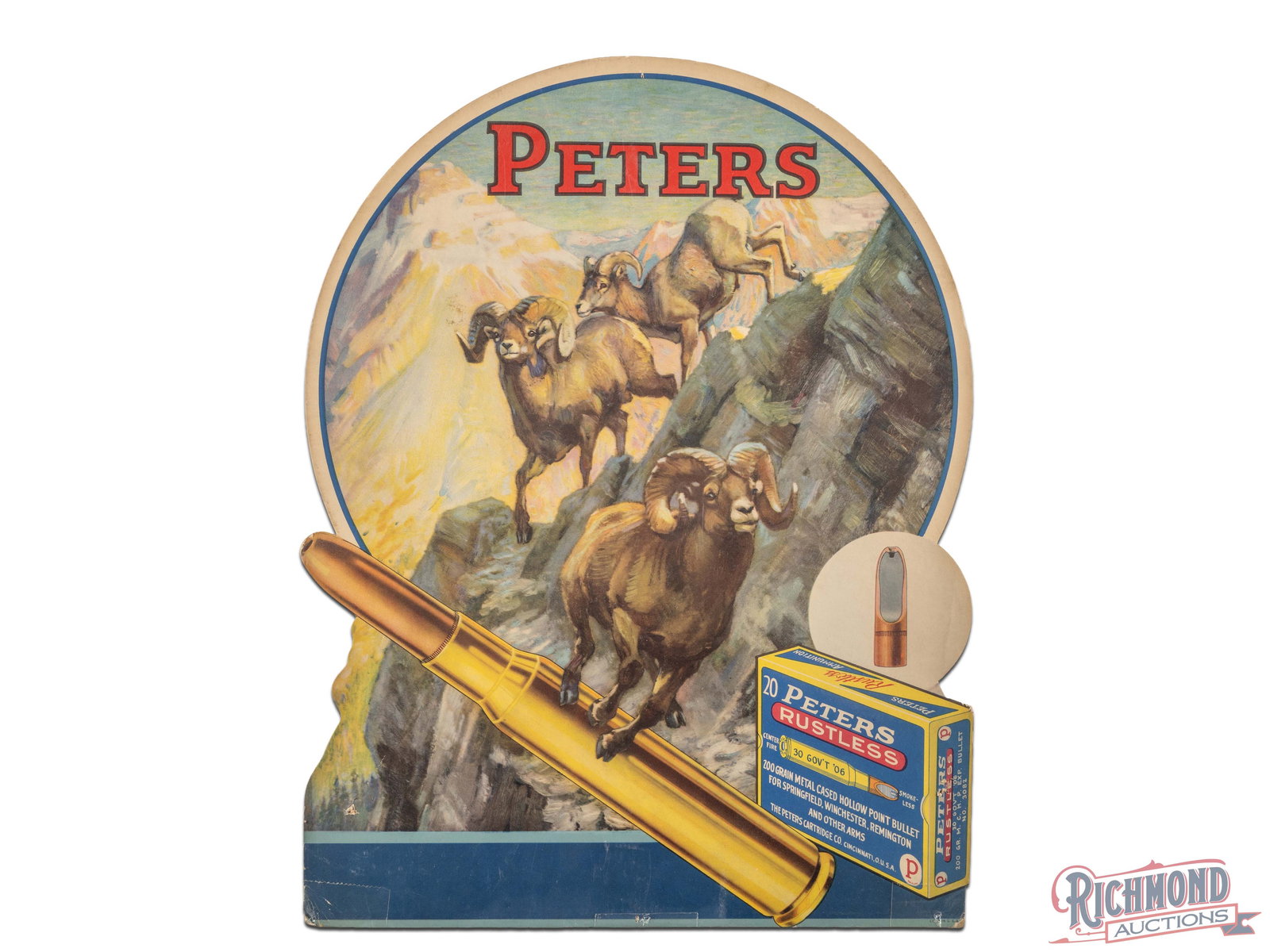Peters Cartridge Co. 30 '06 Cardboard Advertising Display Sign: Single sided cardboard sign has very good color. The display has slight toning throughout with small non-factory holes in the lower outer fields and edges. The perimeter has small bends with minor los