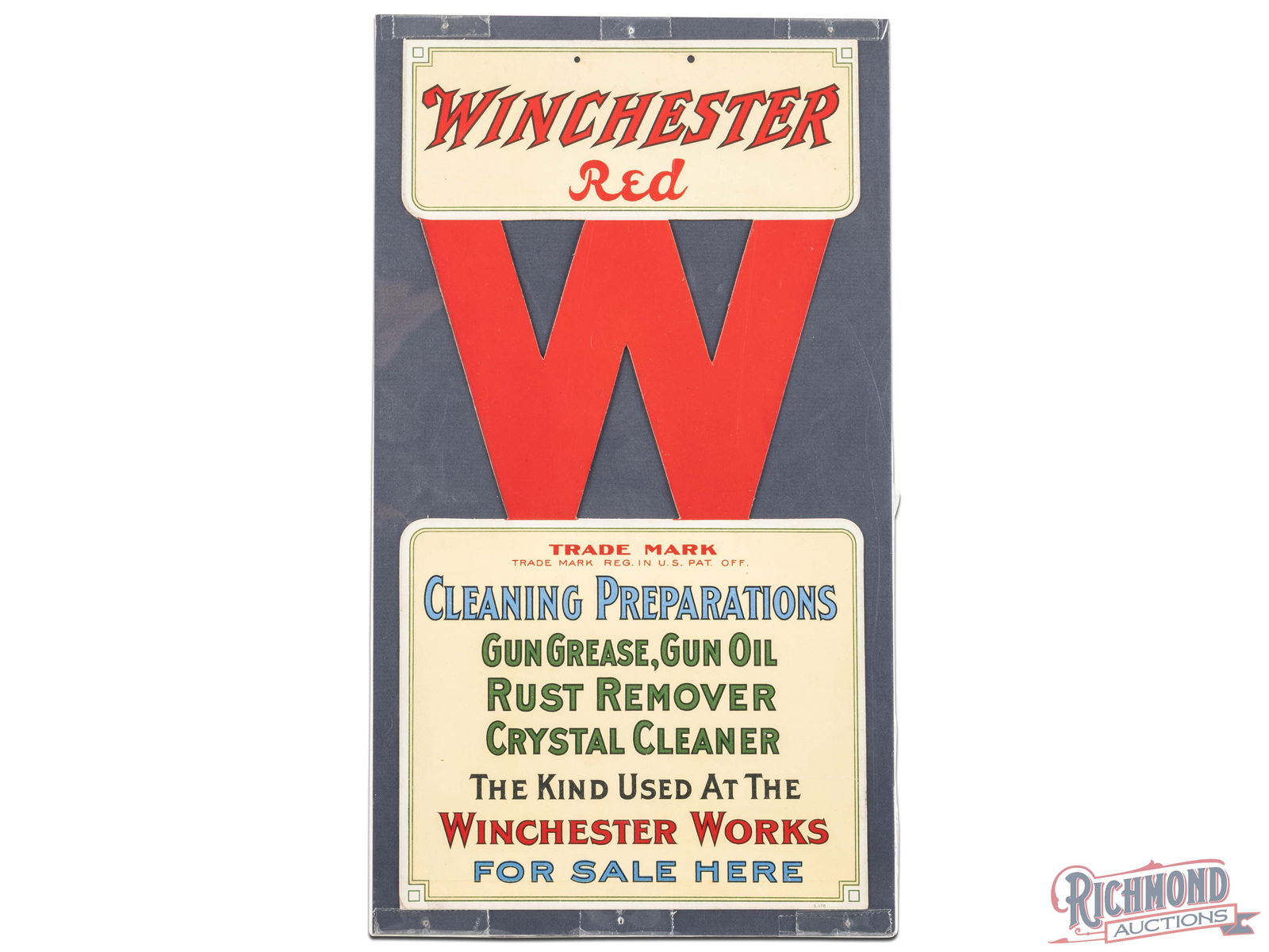 Winchester Red Cleaning Preparations Cardboard Advertising Display Sign: Single sided die cut cardboard sign has excellent color. The field is clean. The perimeter has areas of minor discoloration with light edge wear. The sign has been shrink wrapped to foam board. Marked