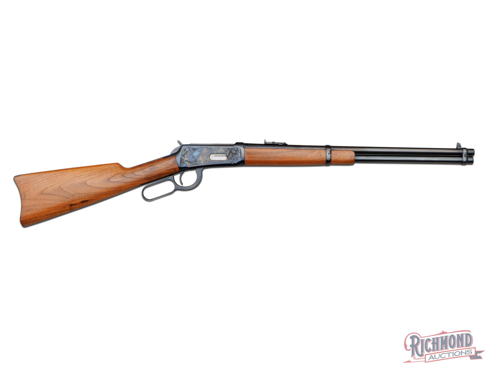 Pre '64 Winchester 94 Saddle Ring Carbine Lever Action .30 WCF Rifle Master Engraved Ray Viramontez: Manufatured by Winchester Repeating Arms in 1927 and beautifully upgraded by master engraver Ray Viramontez. Features a 20" blued nickel steel barrel with a sliding rear leaf and pinned front blade si