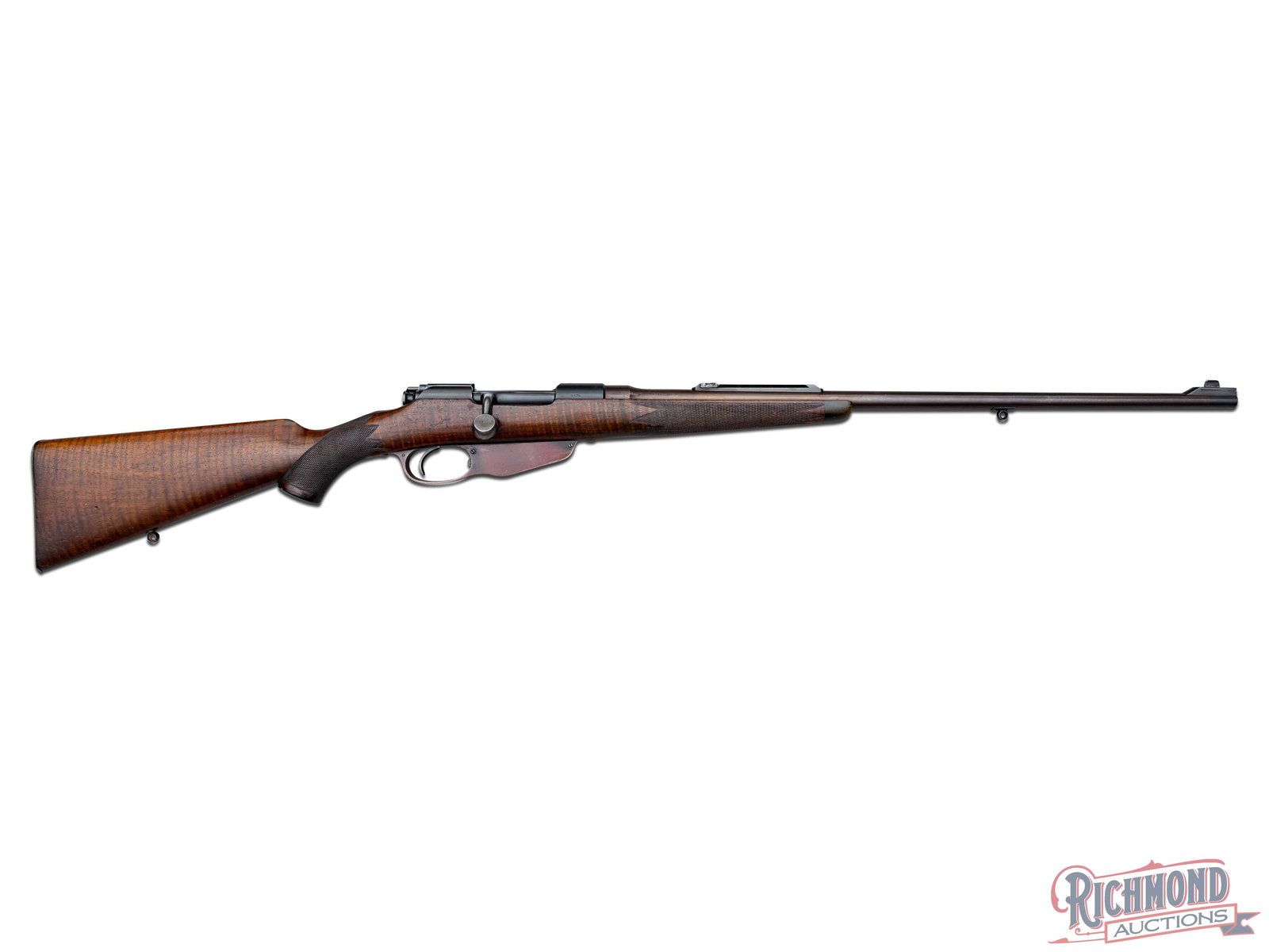 Antique Sporterized W. J. Jeffery & Co Steyr Model 1892 Bolt Action Rifle .256 Mannlicher: This model 1892 rifle was made by Steyr in 1893 and sporterized by W. J. Jeffery & Co. and chambered in .256 Mannlicher. It utilizes an enbloc clip system for loading the cartridges and was originally