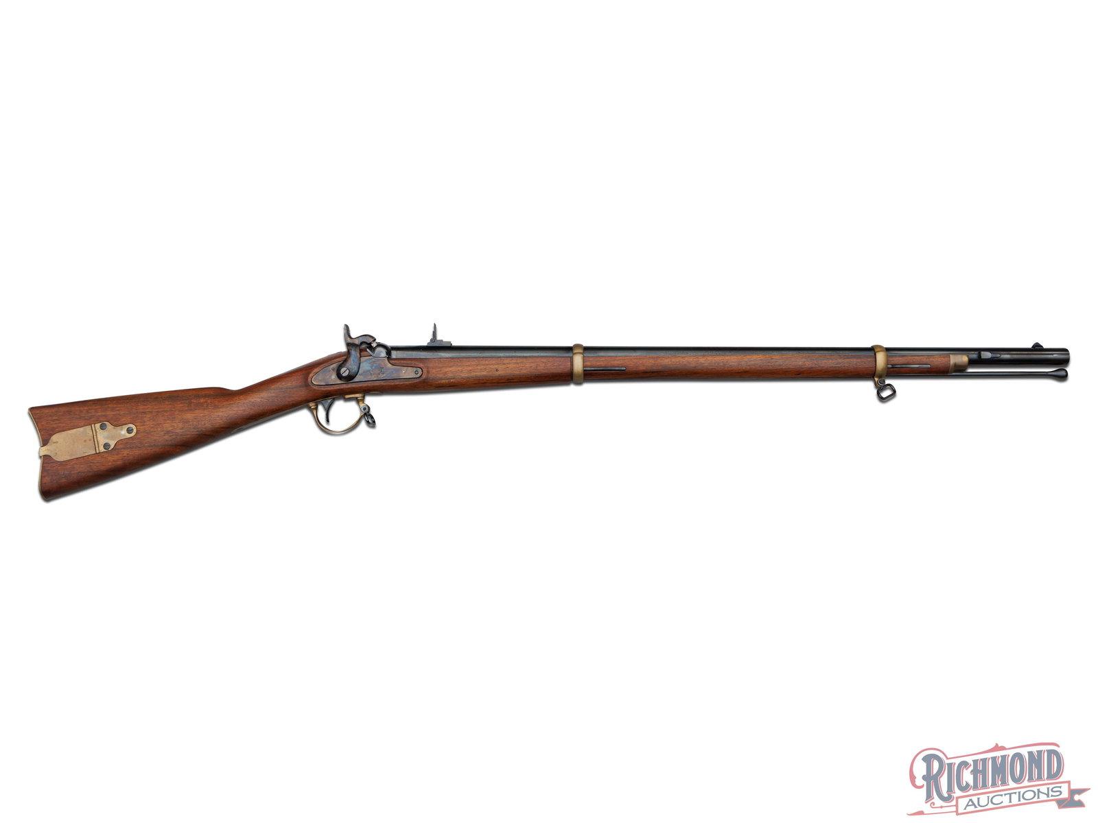 Reproduction Remington 1863 Zouave Rifled Percussion 58 Caliber Musket By Armi-Sport: Made in Italy for Armi-Sport circa 1980. Blued 33" fluid round steel barrel with Armi-Sport Address marks and "Black Powder Only Cal. 58" stampings with correct military style sights and saber bayonet