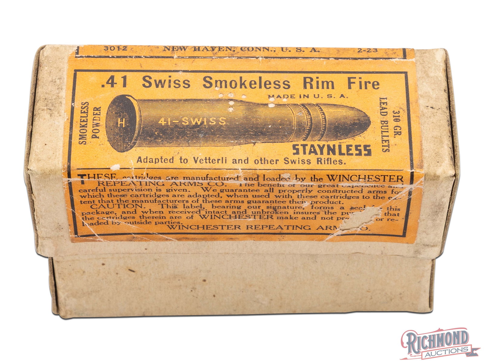 Full Box Of Winchester .41 Swiss Smokeless Rim Fire Staynless Cartridges: This full box contains 10 rounds of .41 Swiss rimfire cartridges made by Winchester Repeating Arms Co. This two piece box has an orange label on the lid with red "W" trademark on the sides. The label