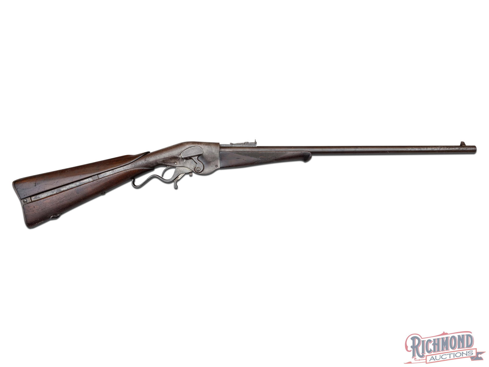 Antique Evans Sporting Lever Action Rifle in 44 Evans New Model Caliber: Made circa 1879 by Evans Repeating Rifle Company of Mechanics Falls, Maine and assembled after company went into bankruptcy by either E.G. Ridout & Company of New York or G.W. Turner & Ross of Boston,