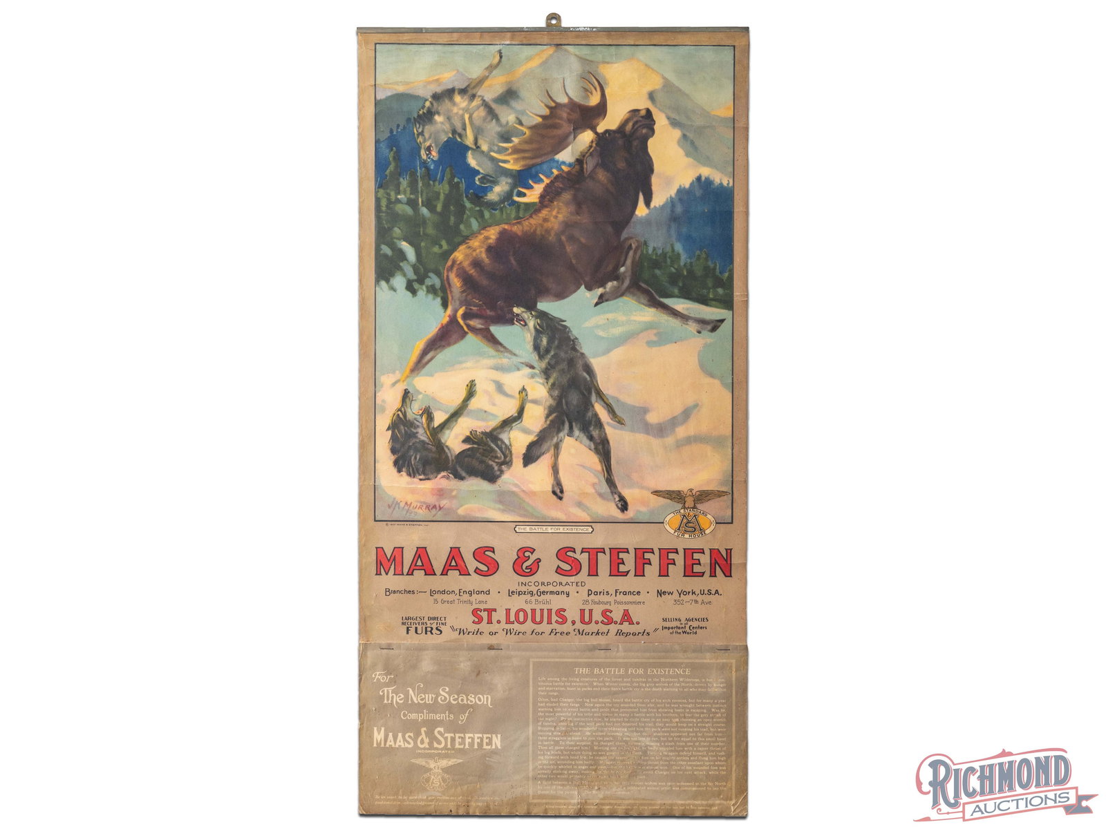 1932 Maas & Steffen "The Battle For Existence" Calendar by Jack Murray: Original 1932 Maas & Steffen advertising calendar sign featuring "The Battle for Existence" by Jack Murray. Calendar features incredible graphics with a wolf pack attacking a moose. Retains top band a