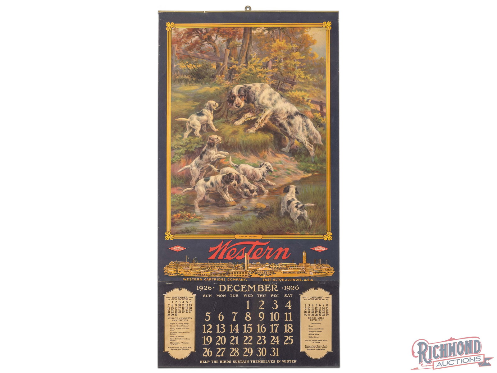 1926 Western Cartridge Company "Future Sports" Advertising Calendar Sign: 1926 calendar has excellent color. The field is clean with small wrinkles in the outer fields. The perimeter has small bends with minor edge tears and a few tiny edge chips. The pad retains a December