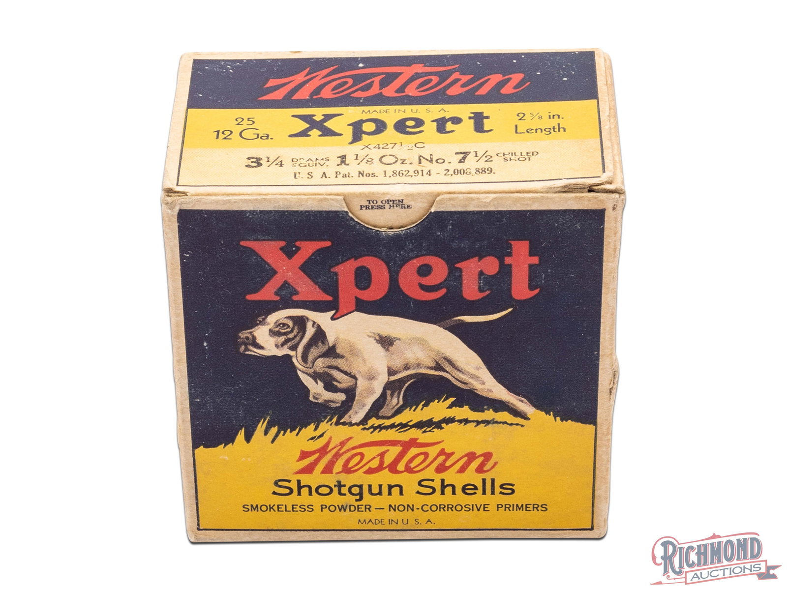 Full Box Of Western 12 Gauge Xpert Smokeless Shotgun Shells: This full box Of 12 gauge shells was made by Western Cartridge Co. The bright yellow and blue labels show hunting dog pointing on the front and back and states " Xpert Western Shotgun Shells, Smokeles
