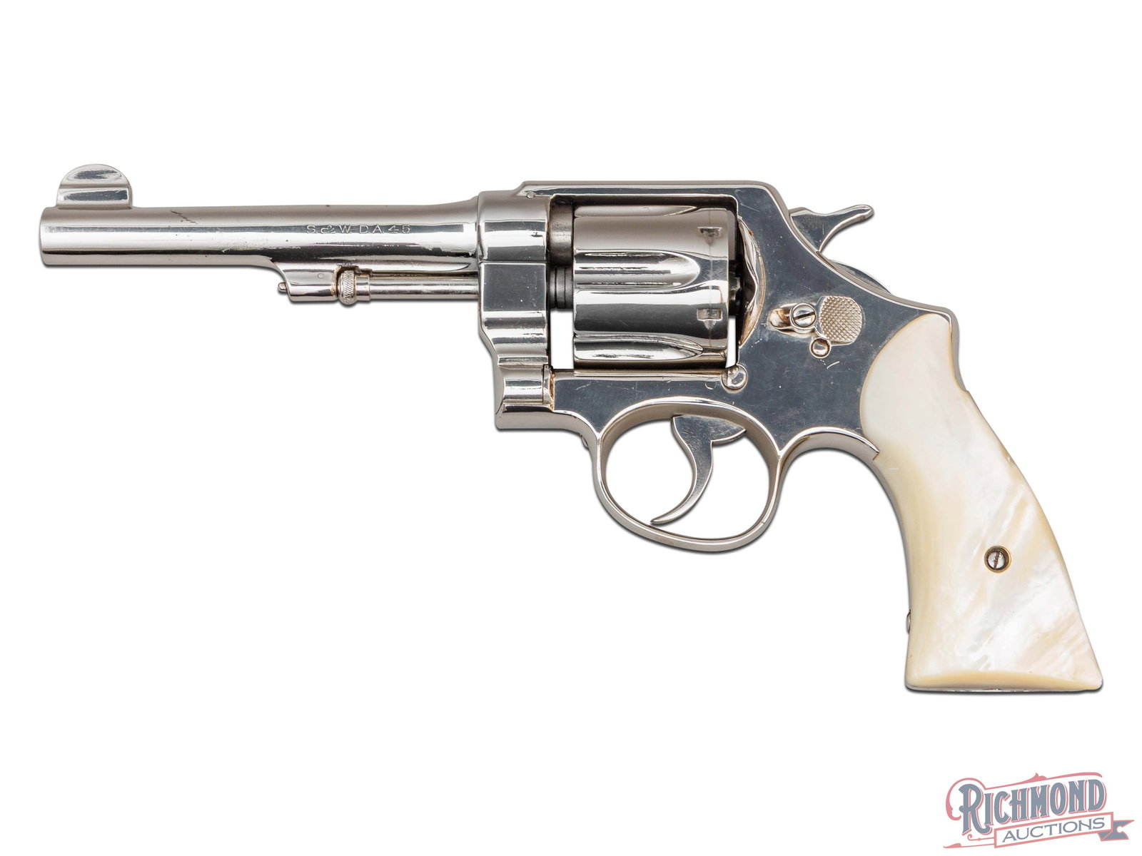 Smith & Wesson US Army Model of 1917 Nickel .45 ACP D.A. Revolver: Manufactured by Smith & Wesson circa 1920's. This revolver features a 5-1/2" barrel with rear integrated notch and blade front sight. Two-line Smith & Wesson address on top of the barrel, "S.& W. D.A.