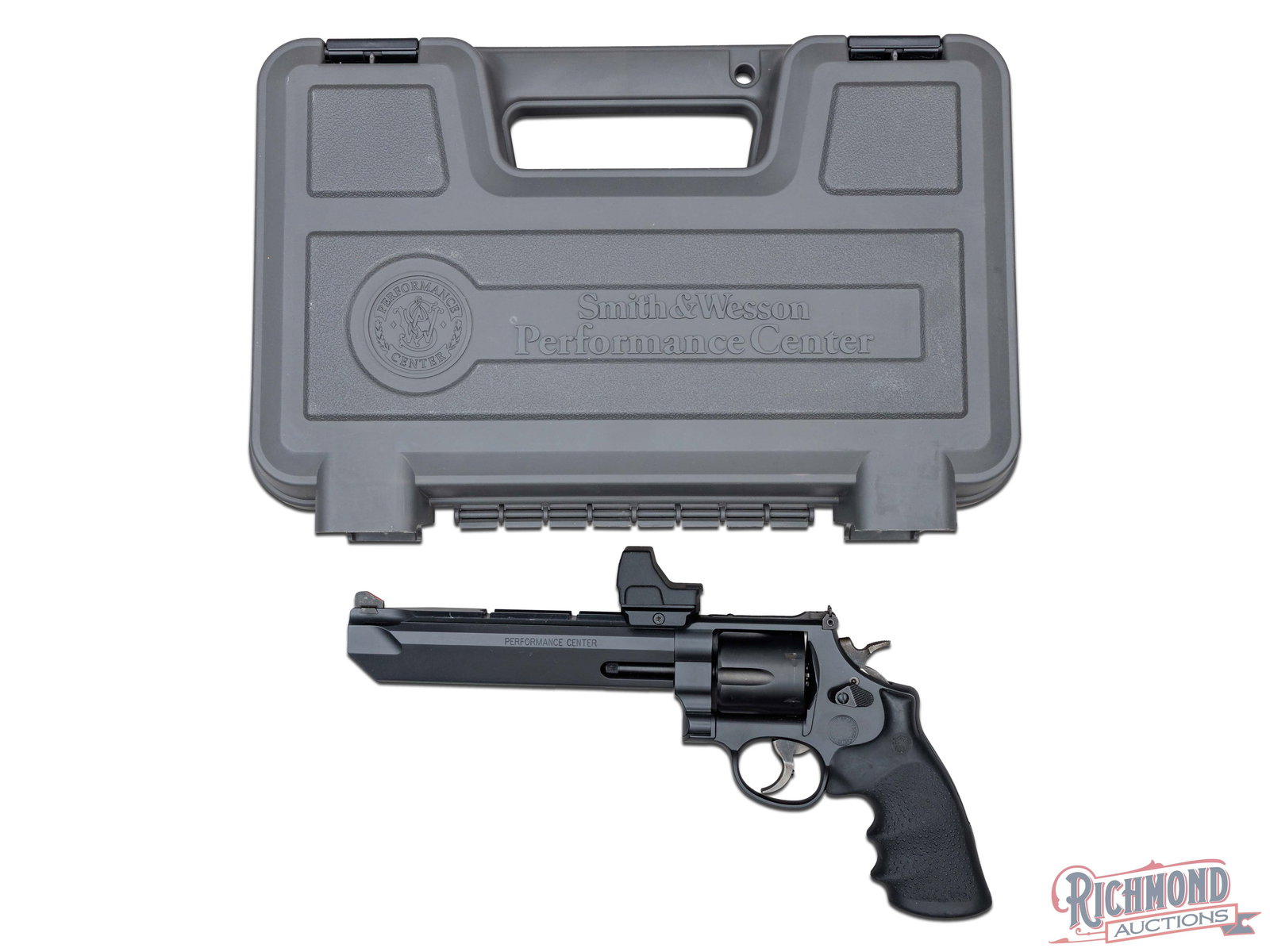 Cased Smith & Wesson M&P M629 Stealth 6" Double Action Revolver With Vortex Defender Red Dot: Manufactured by Smith & Wesson Performance Center. Features a 6" barrel with Picatinny rail rib, rear adjustable square notch and dovetailed front blade with Hi-Viz highlight. Equipped with a Vortex D