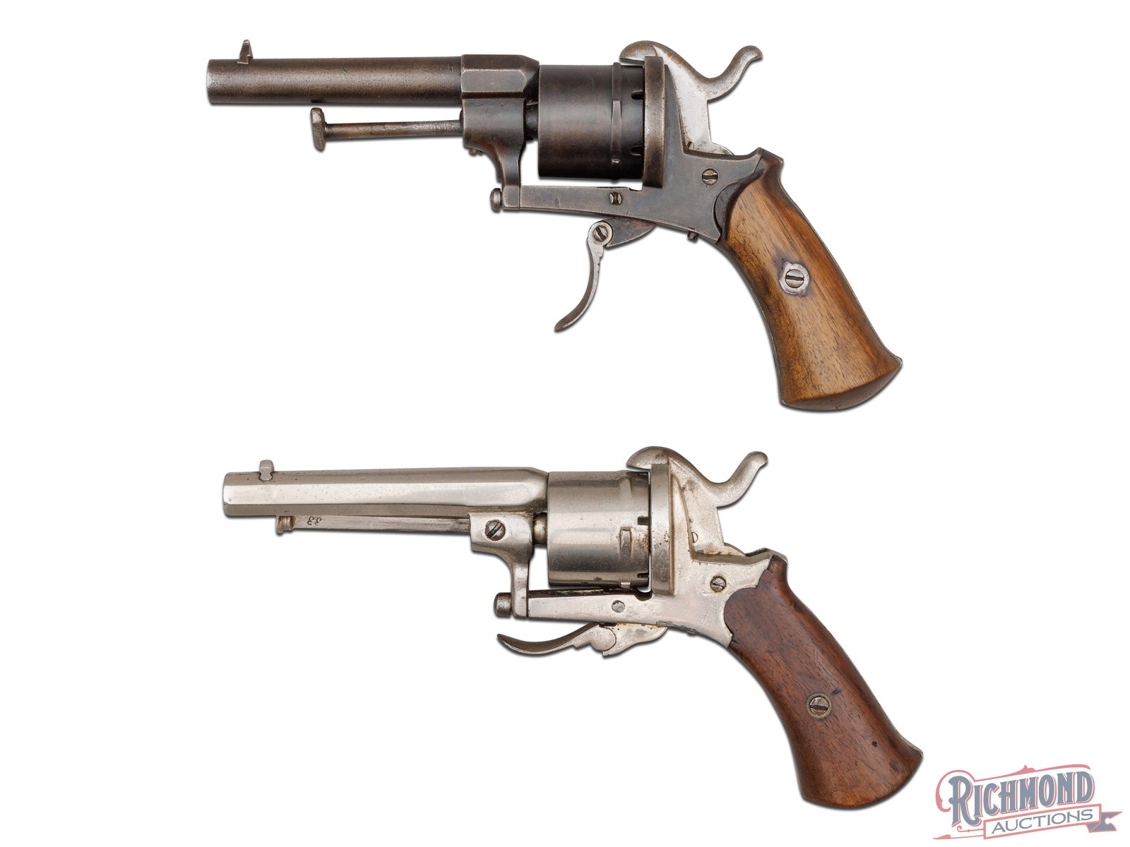 Pair of Lefaucheux Style 7mm Pinfire Folding Trigger Pocket Revolvers: Both of these pocket revolvers are Lefaucheux or Lefaucheux style. The nickel finish features a 3-1/4" octagon barrel with a dovetailed triangular front blade, six round cylinder, push ejector rod, fo