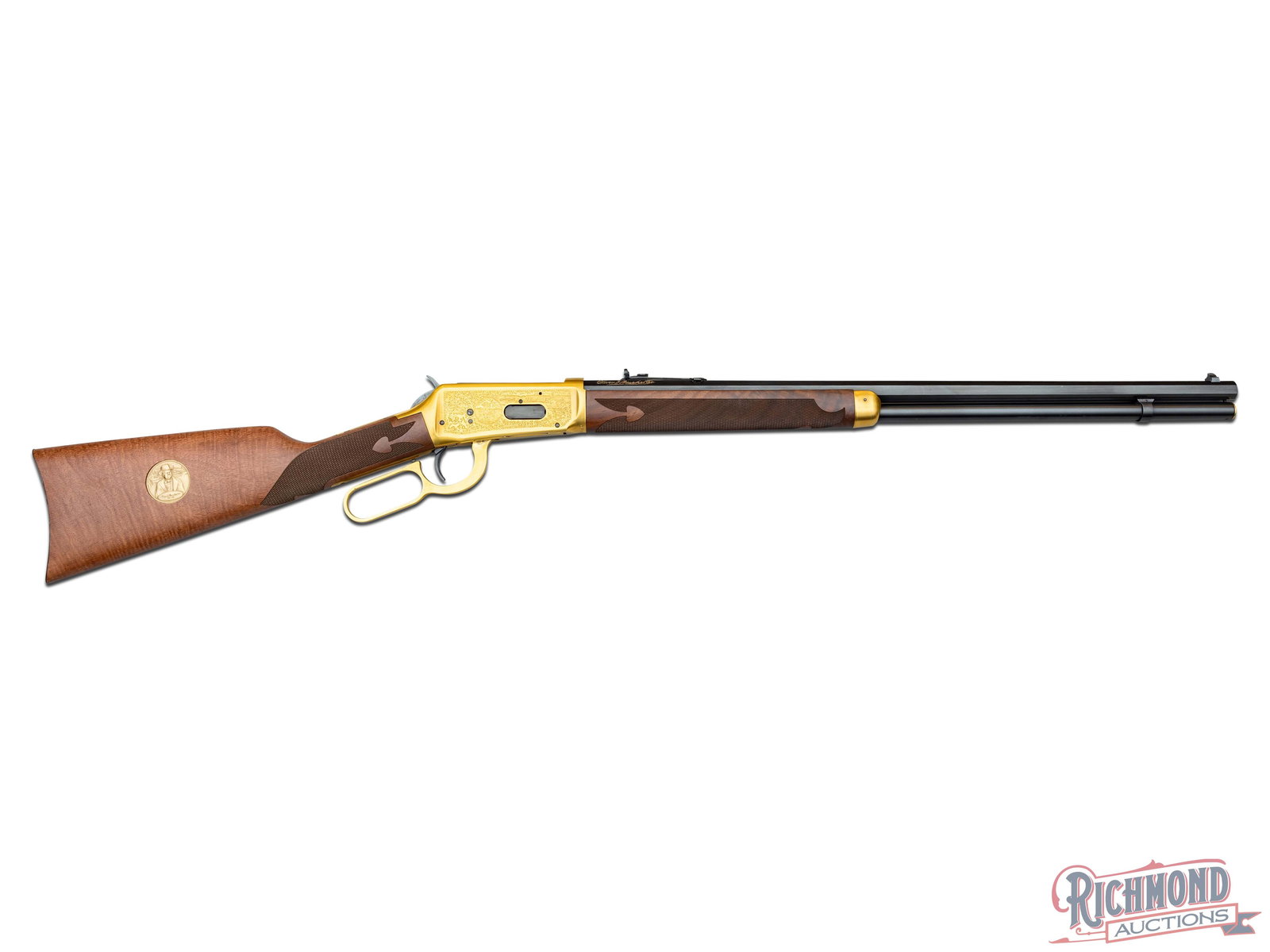 Winchester 94 Oliver F. Winchester Commemorative .38-55 WIN Lever Action Rifle: Manufactured in 1980 by Winchester to commemorate Oliver F. Winchester. Features a 24" blued octagon Winchester Proof Steel barrel with adjustable notch sight and blade front. "Oliver F. Winchester" s