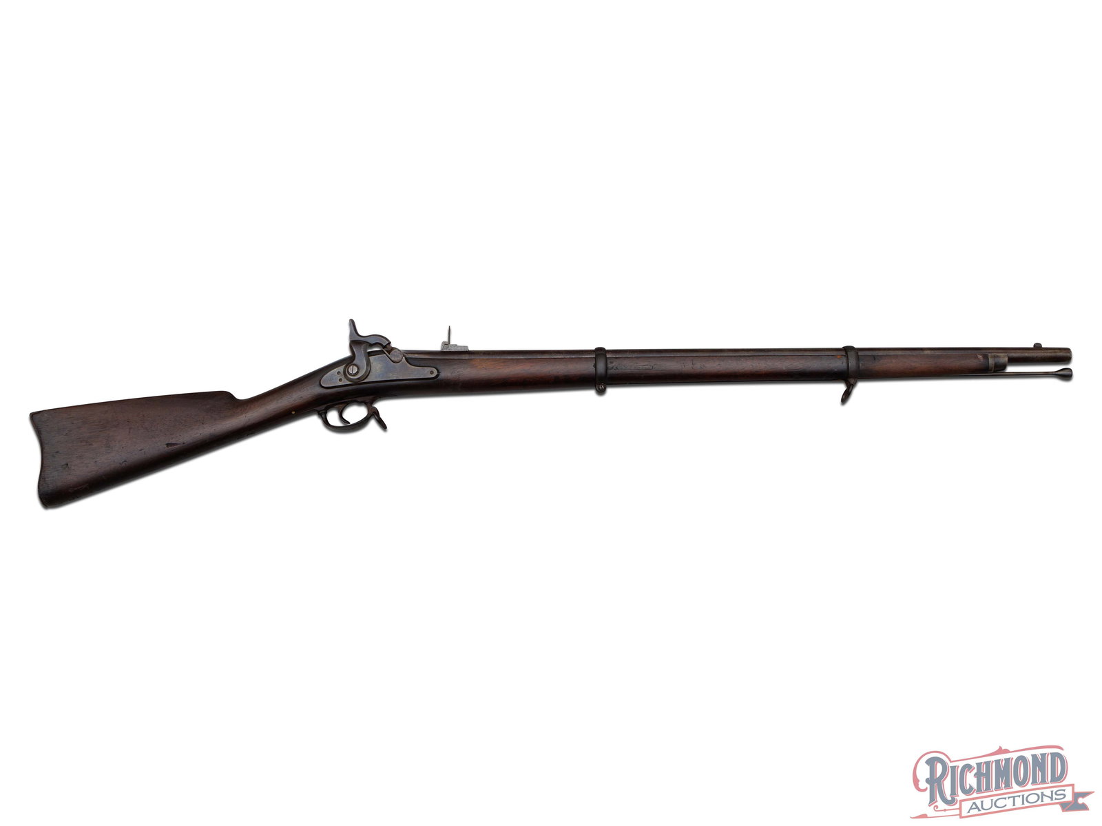 US Springfield Model 1863 Percussion Musket .58 Caliber: This US Springfield Model 1863 is marked 1864 on the top of the 31" barrel behind the rear sight. This musket is 48 1/4" overall length and looks to be shortened from the 40" barrel length with the mi