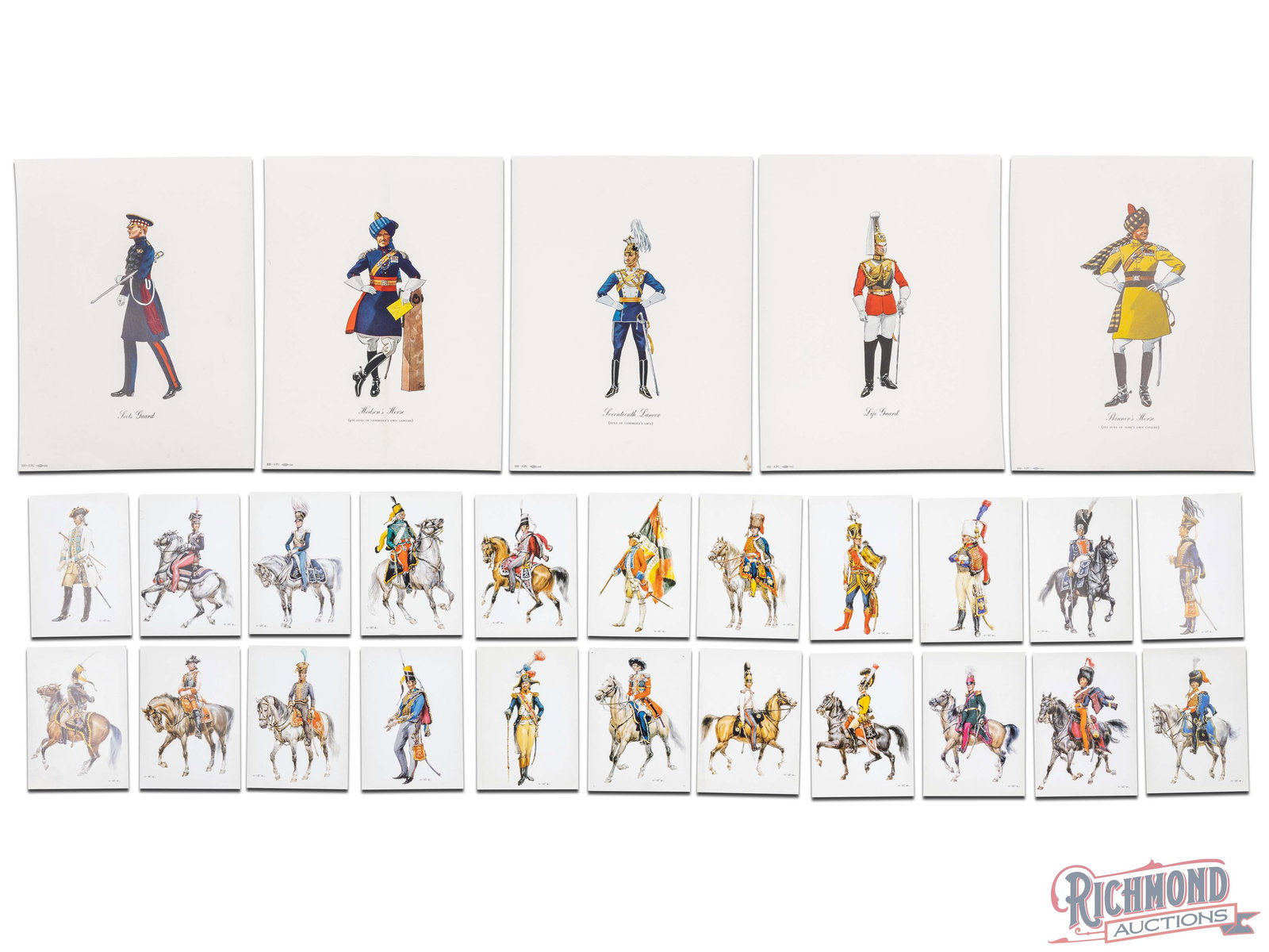 Schenley Distillers Dewar's Scotch White Label Regimental Prints & 21 Postcard Collection: This set includes five third edition Dewar's White Label regimental prints. Each print is on cardstock and measures 12-1/2" x 9-3/4". One each of the following: Seventeenth Lancer (Duke of Cambridge's