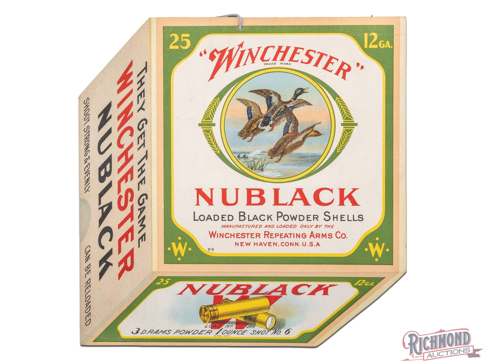 Winchester Nublack Power Shells Cardboard Display Sign: Single sided die cut cardboard string hanging sign has excellent color. The sign is exceptionally clean with minor wear at the corners. The sign has been shrink wrapped to foam board. All in all a fan