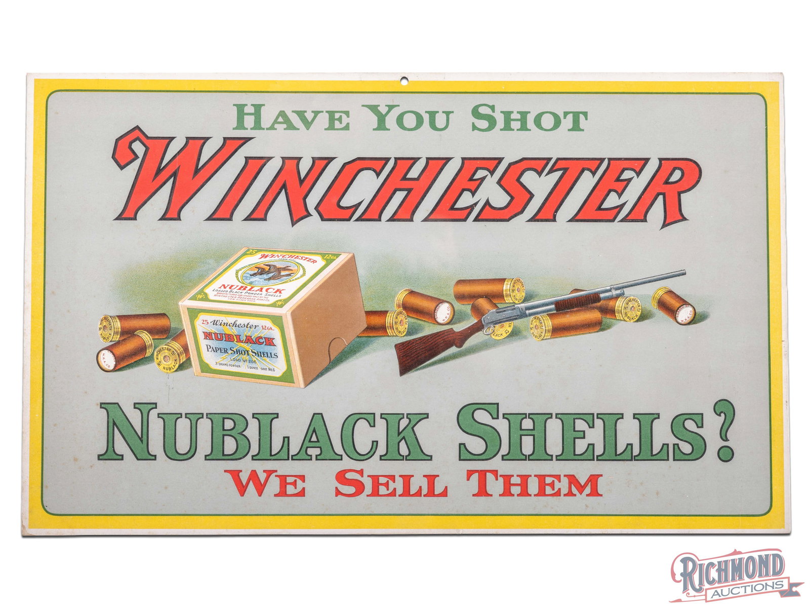 Have You Shot Winchester Nublack Shells "We Sell Them" Cardboard Advertising Display Sign: Single sided cardboard sign has excellent color. The display is very clean with minor marks and faint spotting in the lower fields. The perimeter has minor edge wear with a small chip on the lower lef