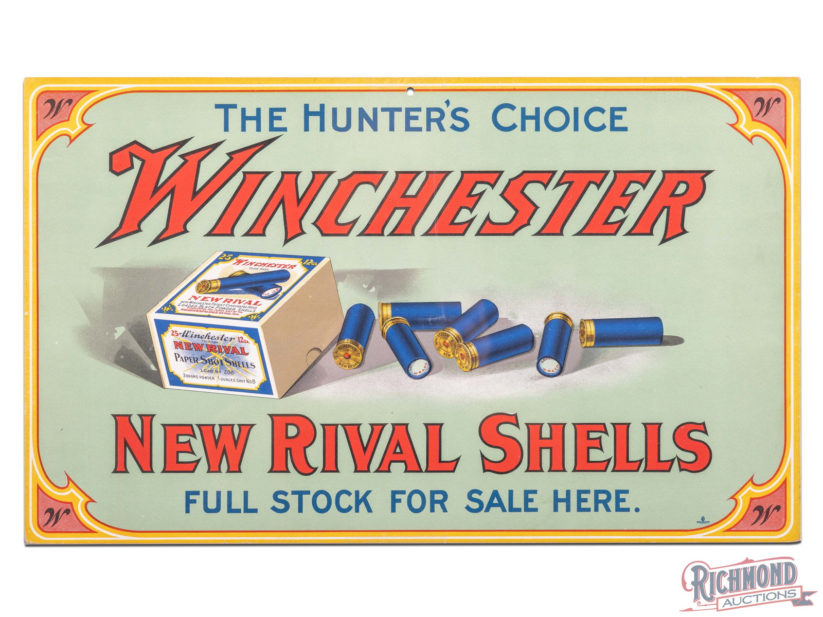 Winchester New Rival Shell "The Hunters Choice" Cardboard Advertising Display Sign: Single sided cardboard sign has outstanding color. The fields are clean and the perimeter has light wear. The sign has been shrink wrapped to foam board. Overall a superb example. 10.5" H x 17.25" W.