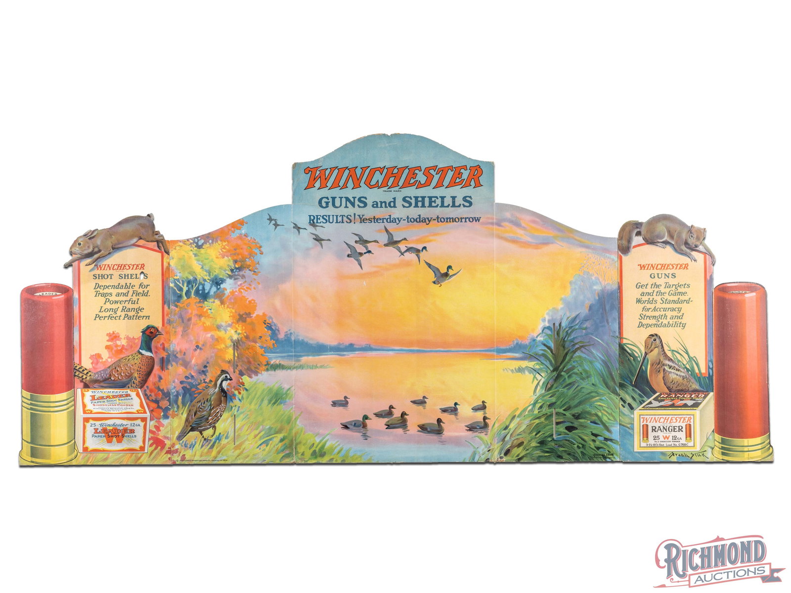 Large Winchester Guns and Shells "Results! Yesterday Today Tomorrow" Advertising Display Sign: Single sided cardboard advertising display has excellent color. The fields have light wear with small scuffs and minor chipping at the fold lines. The perimeter has areas of edge wear with closed tear