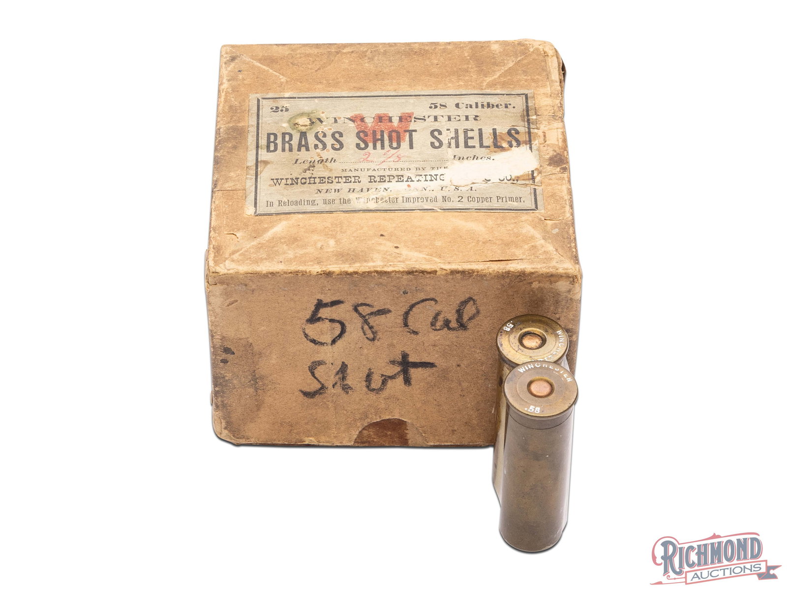 Partial Box Of Winchester 58 Caliber Brass Shot 2 1/8 Inch Shells: This box 2 of 25 correct shells of 58 Caliber brass shot shells made by Winchester Repeating Arms Co. The two piece box has a blue/green label on the top of the box that states "Winchester Brass Shot