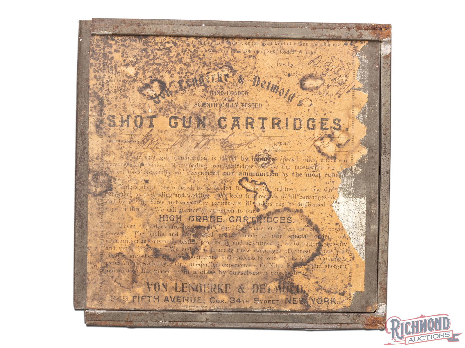 Von Lengerke & Detmold's Metal 100 Round Hand Loaded Shot Gun Cartridge Box: This is an empty box of Von Lengerke & Detmold hand loaded shells. The two piece metal box has a lid that slides out the left side. The labels are attached on the top and sides. The load information i