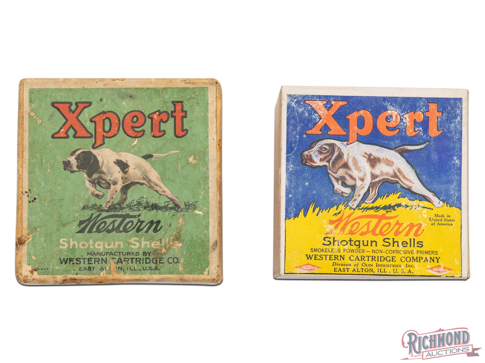 Two Western Xpert Shotgun Shell Boxes, One Sealed, 20 Gauge And 16 Gauge: This lot contains 2 Shot Shell boxes made by Western Cartridge Co. The first is a sealed box of Western Xpert 20 Gauge shells, Smokeless and Non-Corrosive, marked "Shot And Powder Not Loaded in USA" a
