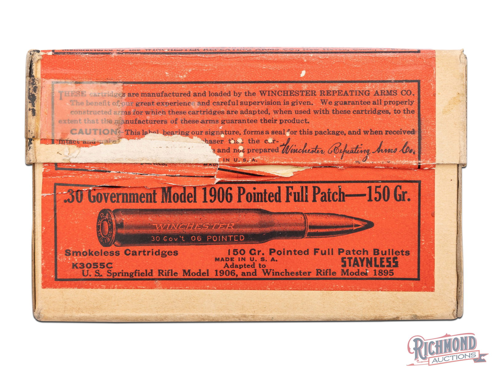 Winchester .30 Government Model 1906 Pointed Full Patch Cartridge Box: This Winchester box originally carried 20 cartridges on .30 Government 1906 (.30-06 Spr). It contains 20 used brass casing of .30-06 with "TW54" head stamps. The box has a red label on the top and fro